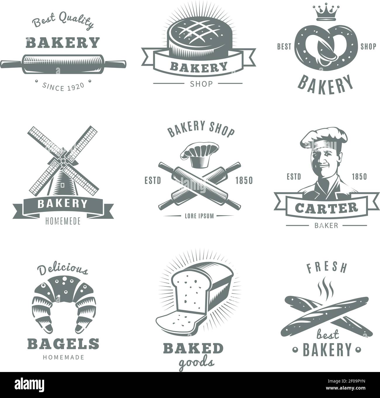 Gray and isolated vintage bakery label set with best quality carter