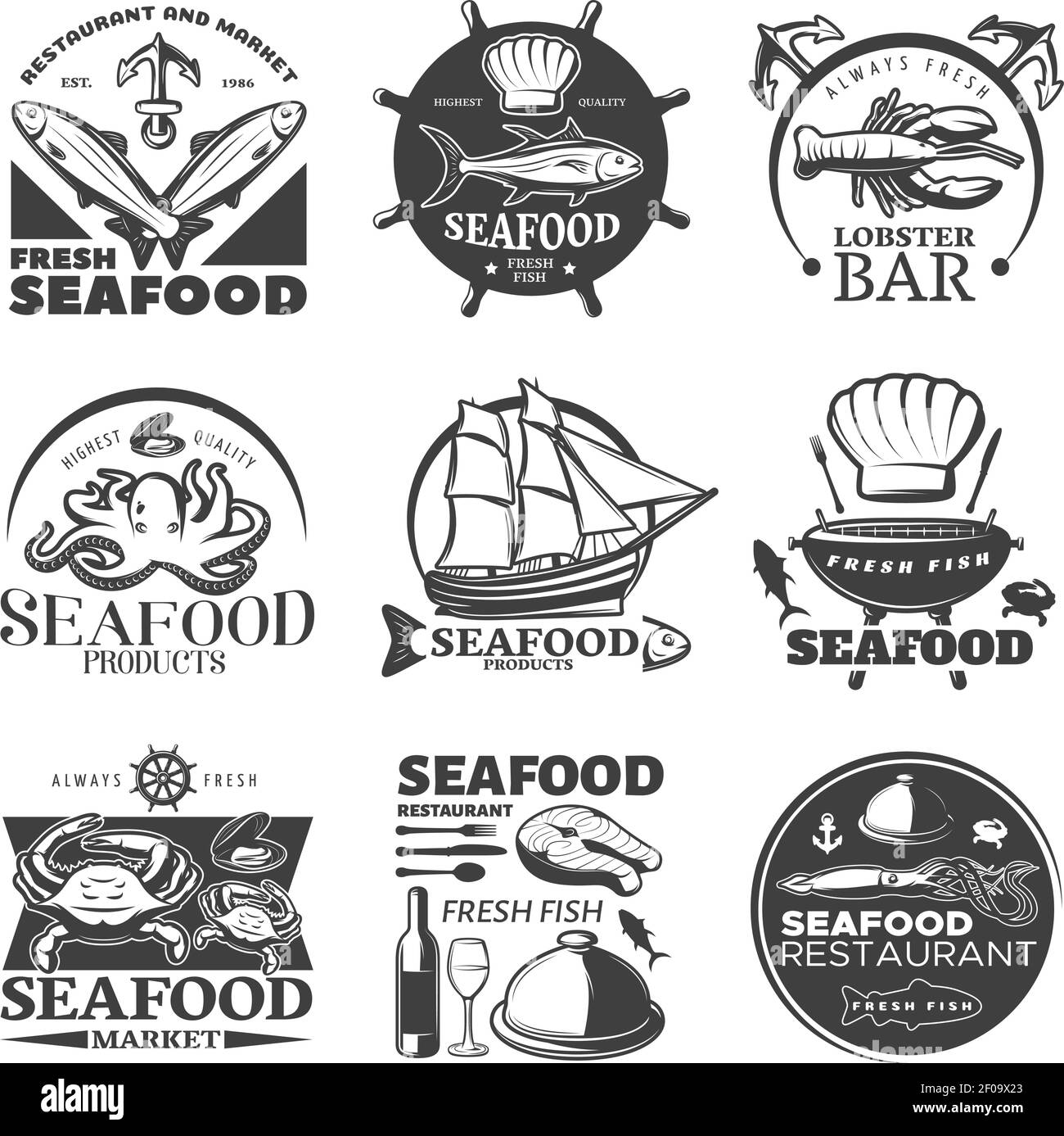 Black seafood emblem set with restaurant and market fresh seafood