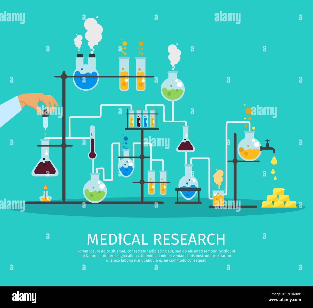 Colored chemistry lab flat poster with hand that holds the pipette