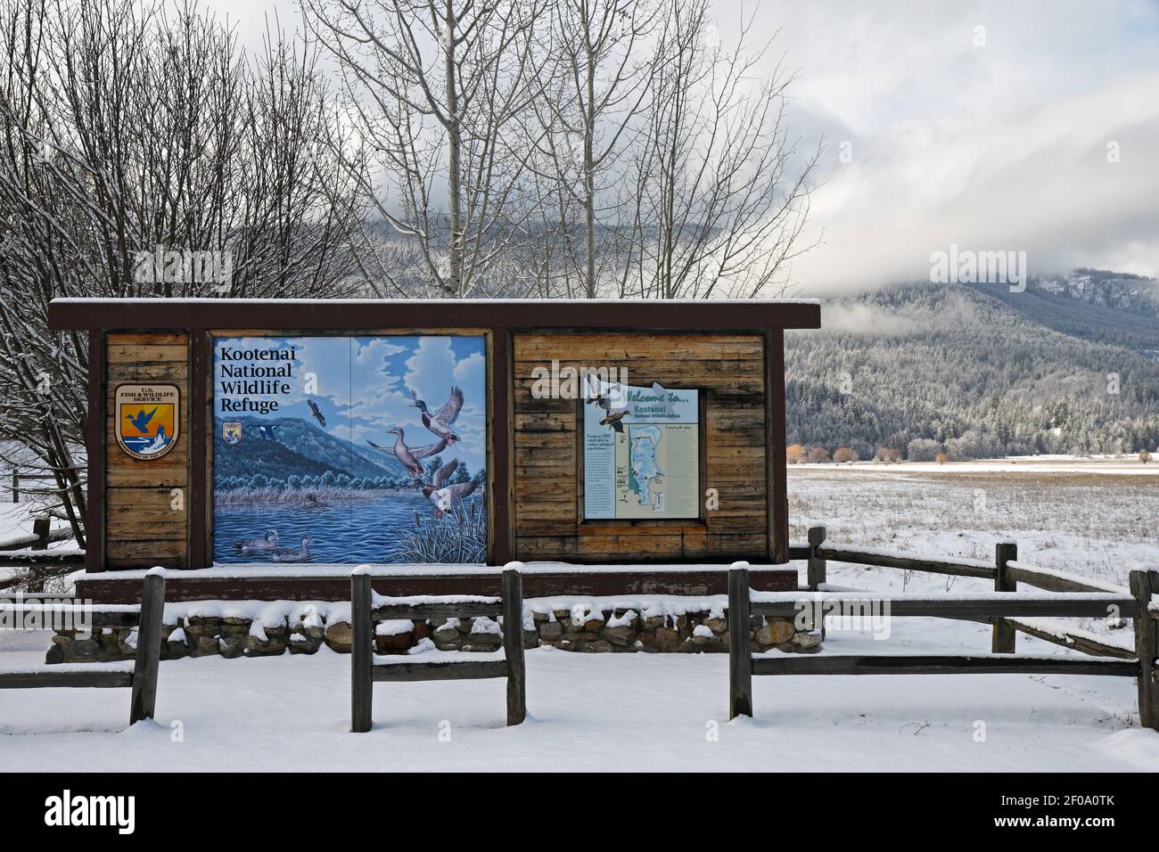Entrance sign for the Kootenai National Wildlife Refuge in winter