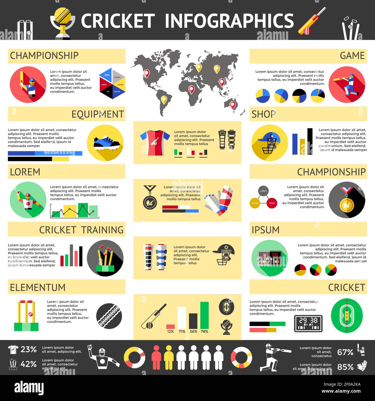 Cricket Colored Infographics with headlines of game champion sport