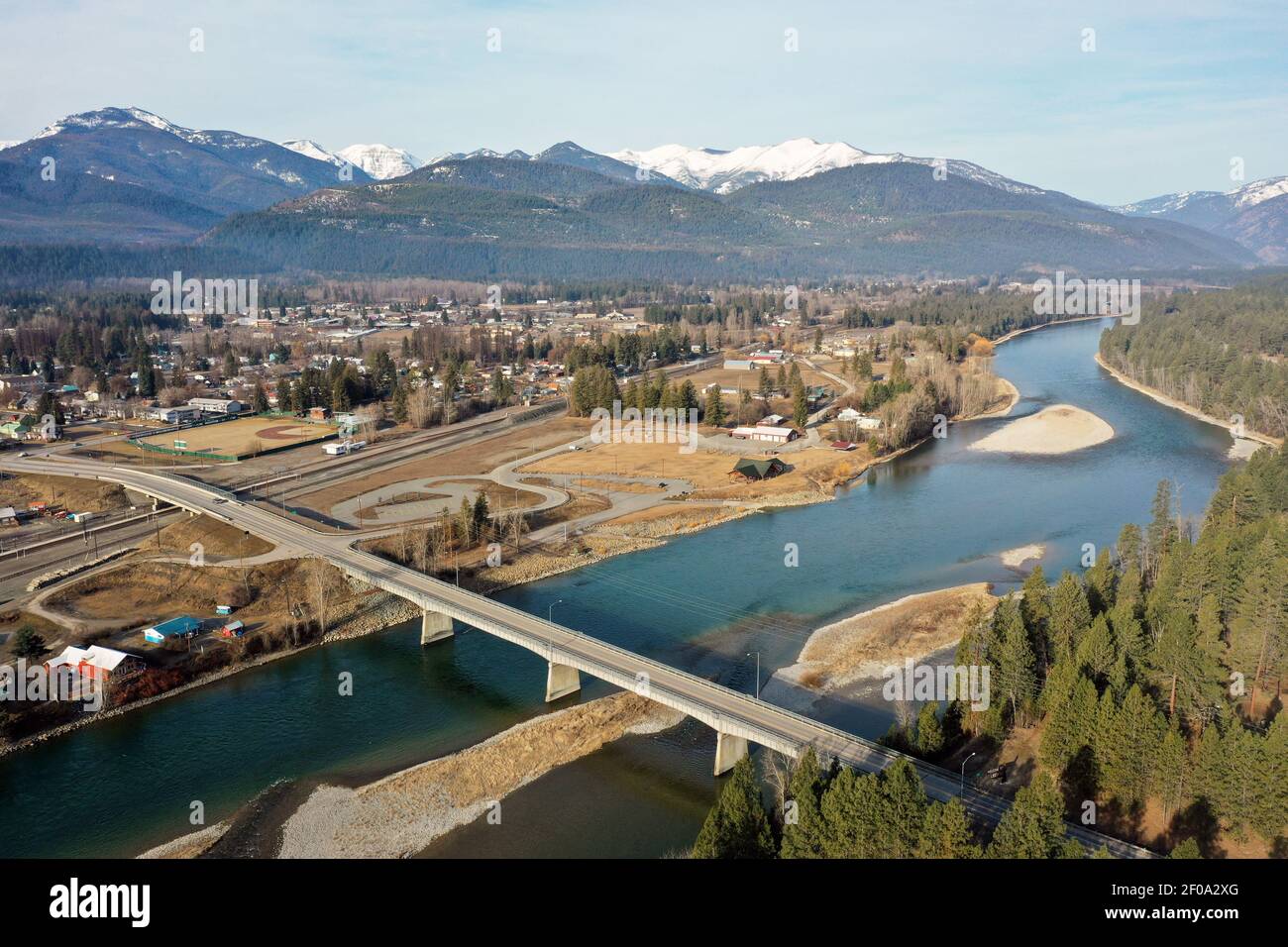 Aerial view of the Kootenai River and Libby Montana with the Cabinet Mountains in the background 
