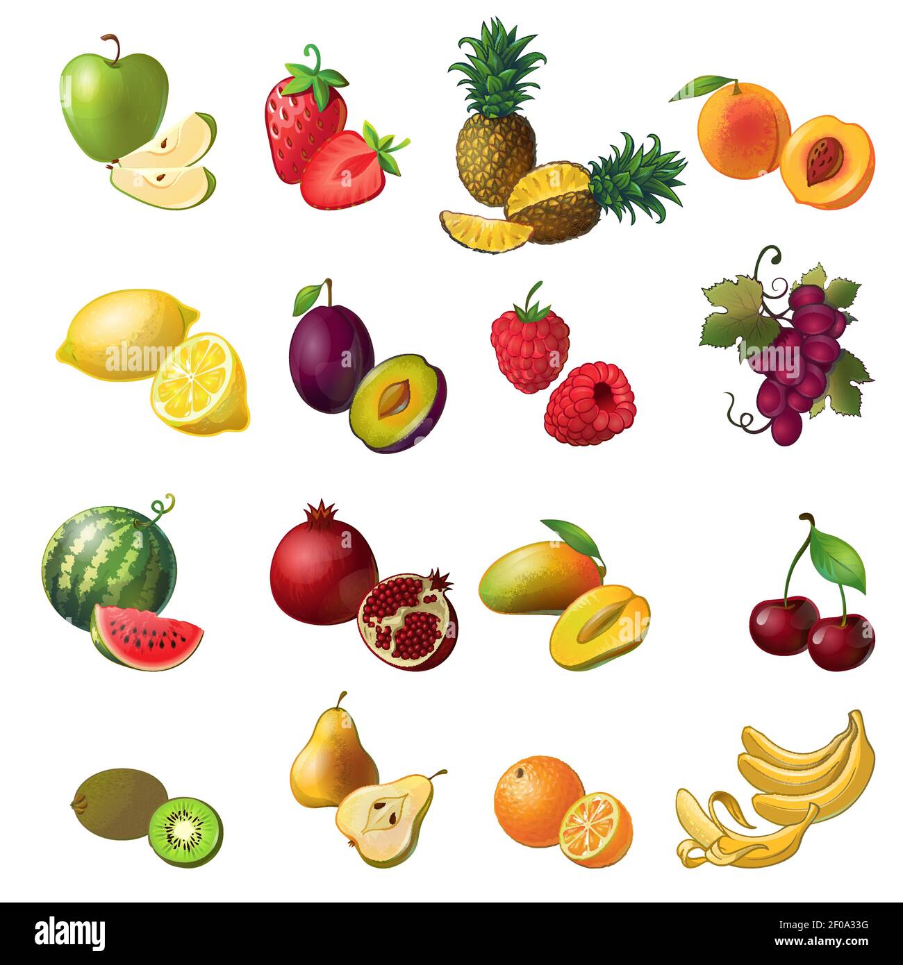 Fruits isolated colored icon set with fruit and berries of various ...