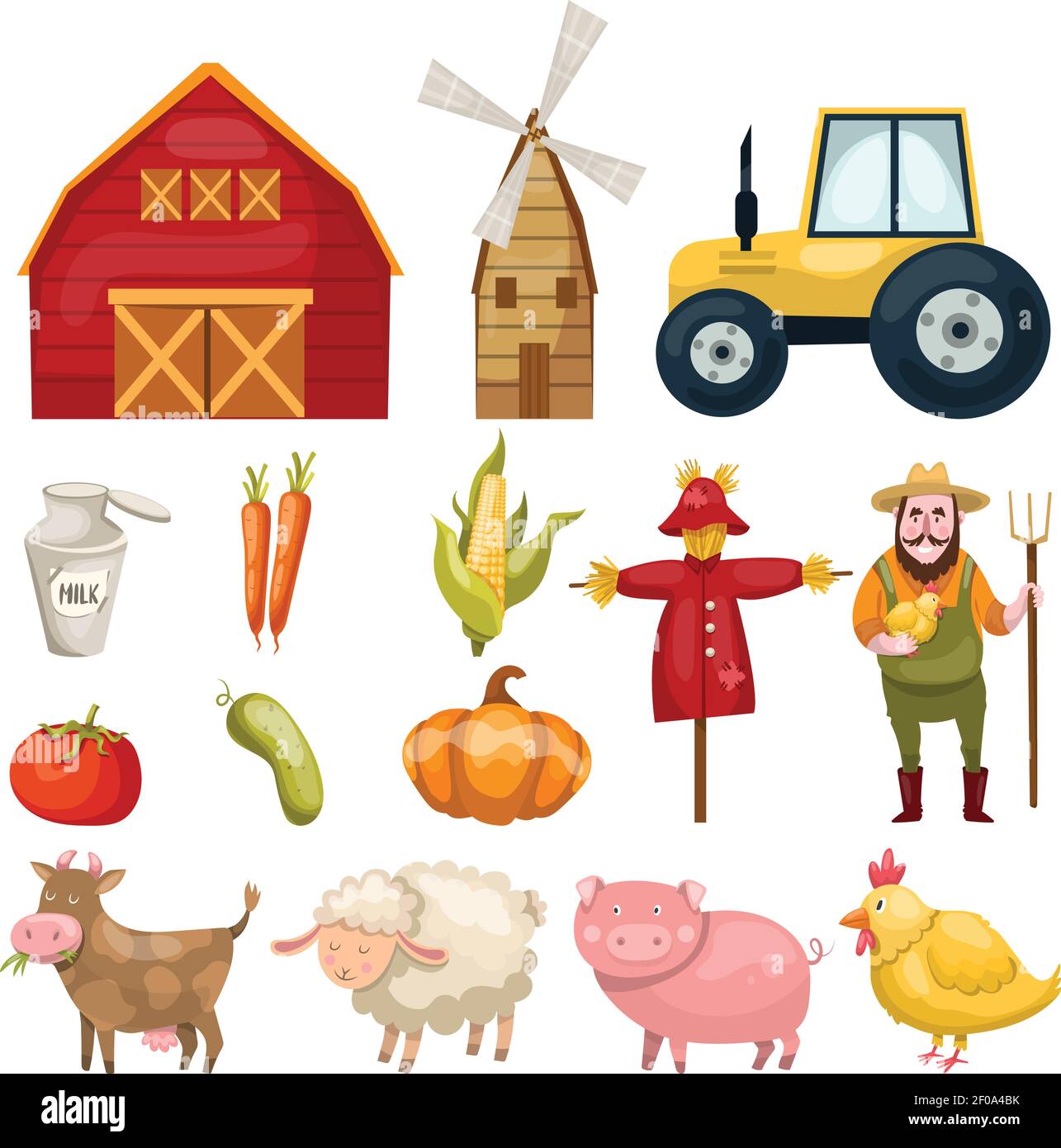 Set with plenty of colorful isolated farm symbols buildings animals characters natural food and organic vegetables vector illustration Stock Vector