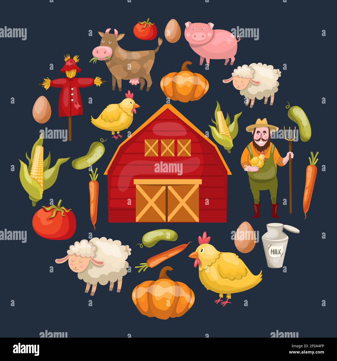Round composition with a circle of isolated cartoon farm symbols warehouse vegetables animals on dark background vector illustration Stock Vector