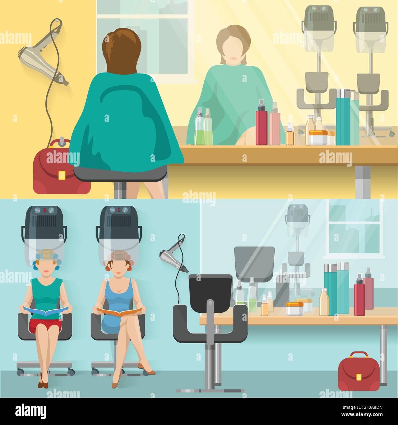 Beauty salon flat compositions with woman reflection in mirror and