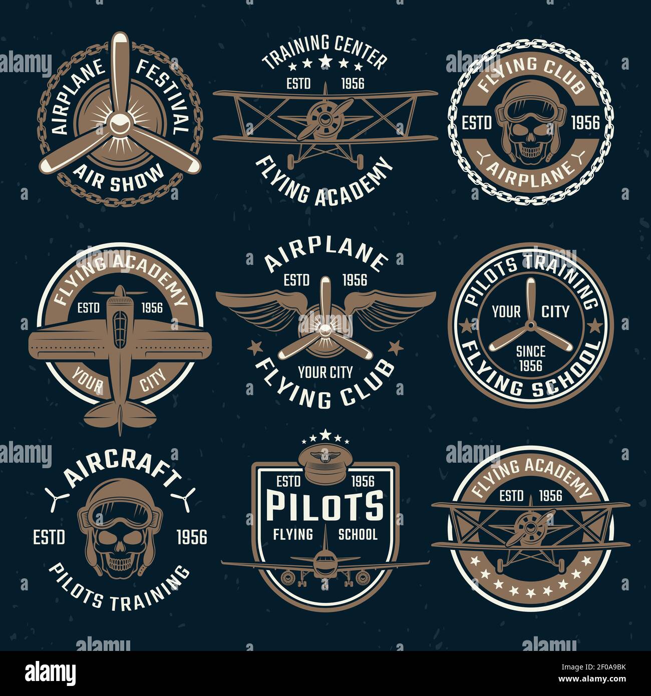 Brown airplane emblem set isolated on black background with different ...