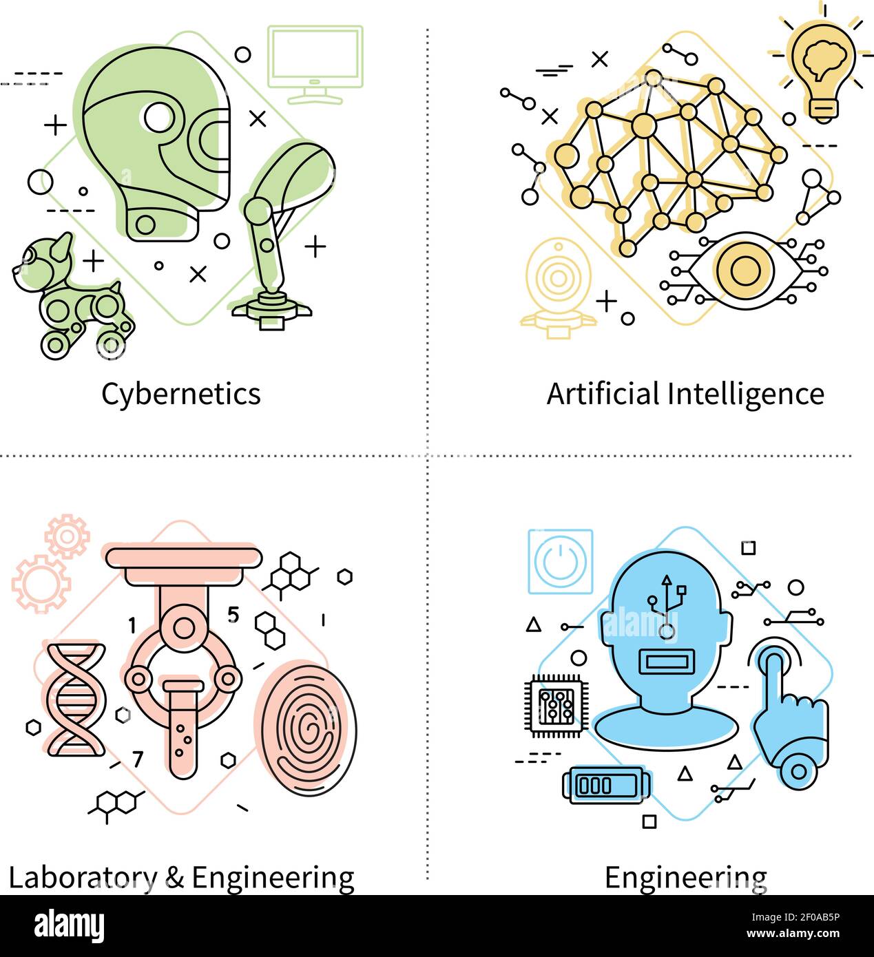 Artificial intelligence isolated colored icon set on cybernetics laboratory and engineering themes vector illustration Stock Vector