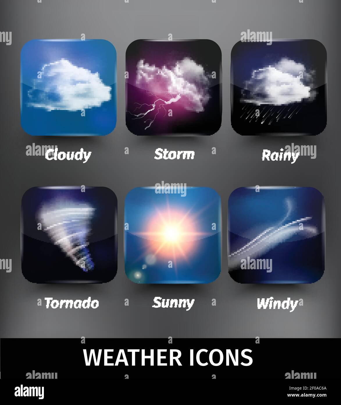 Realistic square weather icon set on cloudy storm rainy tornado sunny