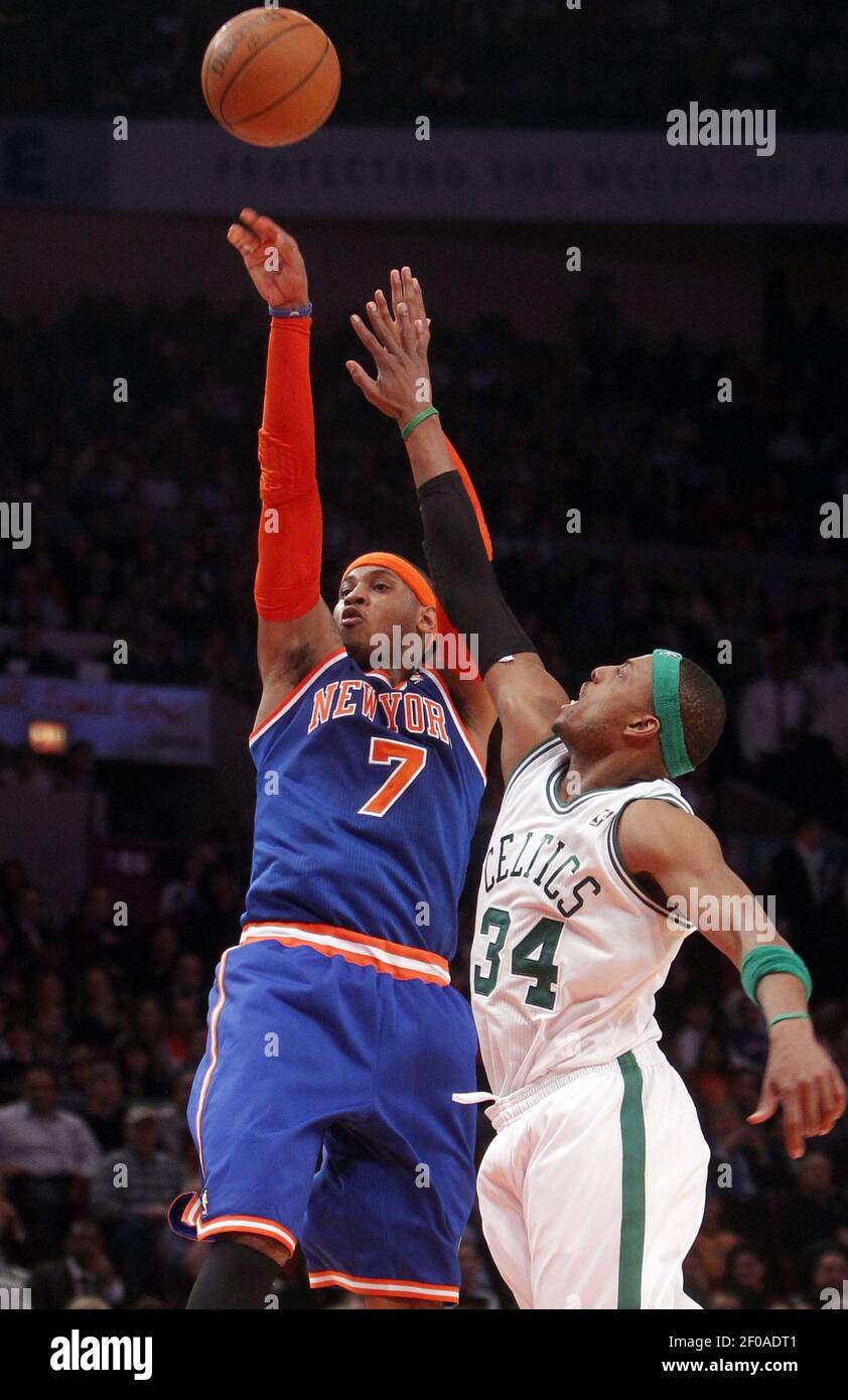 New York Knicks' Carmelo Anthony shoots over Boston Celtics' Paul Pierce during an NBA basketball game at Madison Square Garden in New York, Monday, March 21, 2011. (Photo by Jason DeCrow/Newsday/MCT/Sipa USA) Stock Photo