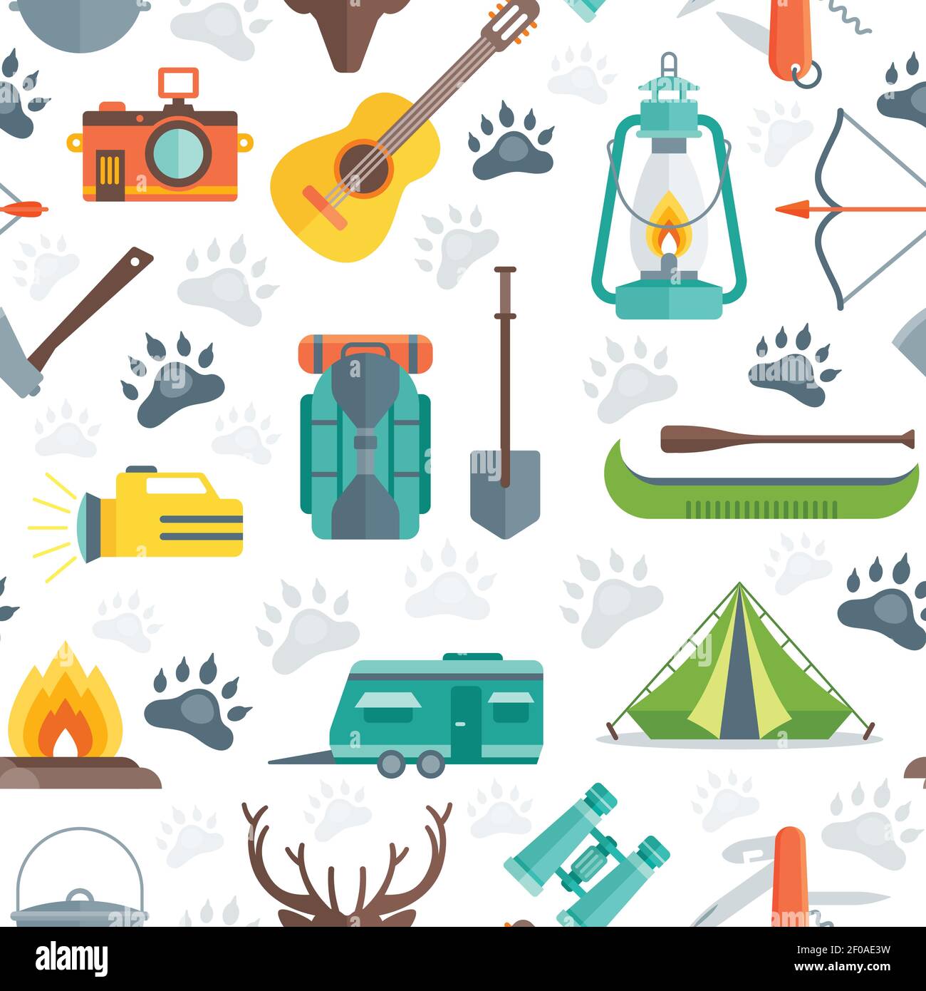 Camping seamless pattern with animal tracks tent boat flashlight guitar motor home on white background vector illustration Stock Vector
