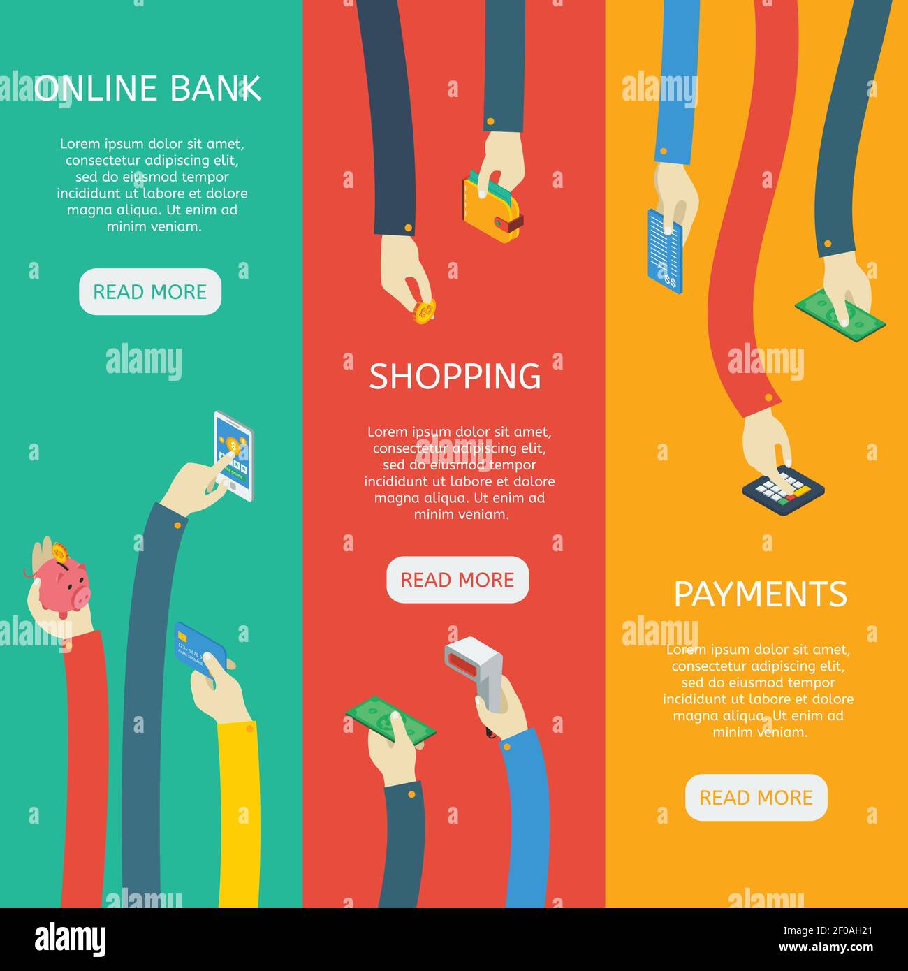 ATM usage isometric vertical banners with hands financial objects