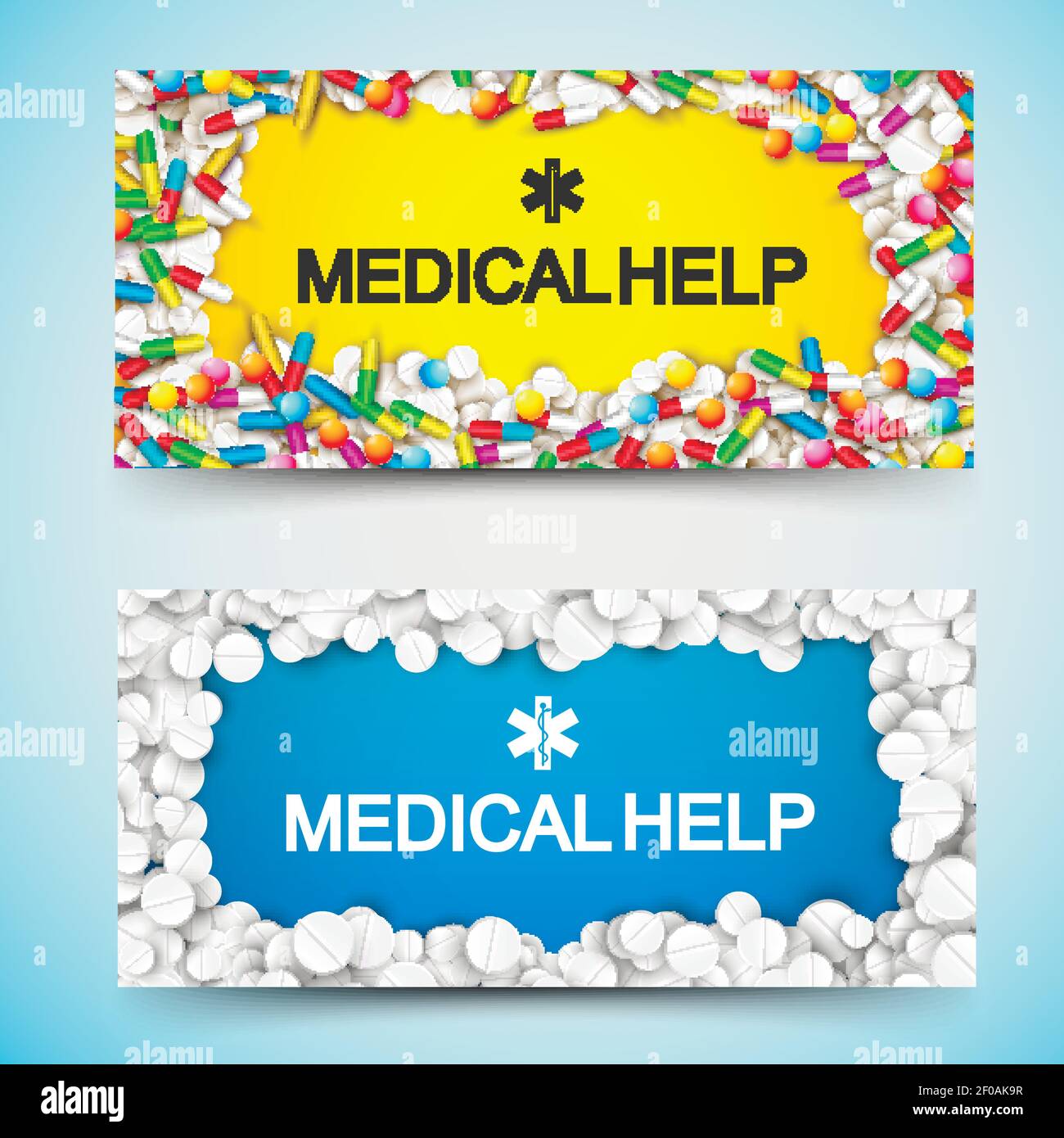 Pharmacy horizontal banners with medical help inscription and drugs