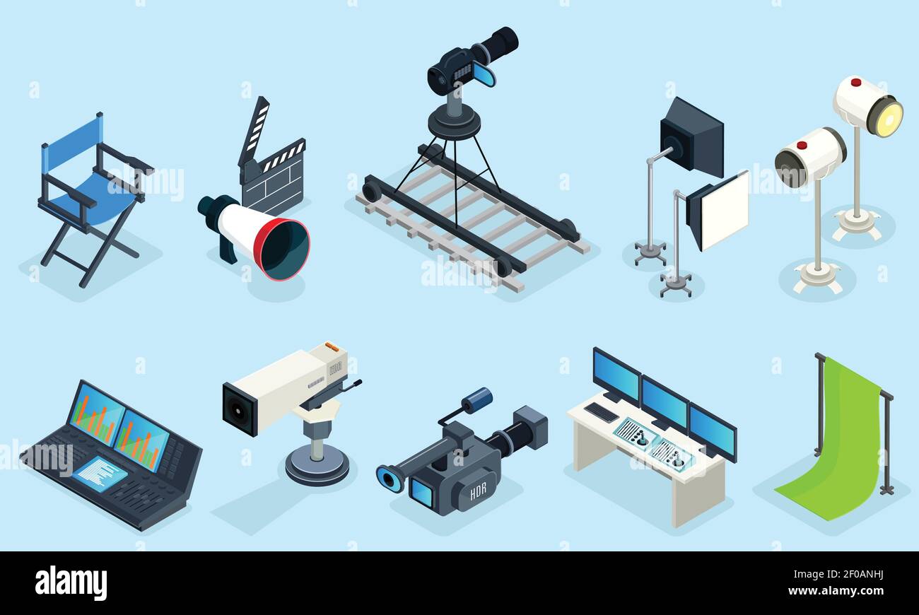 Isometric cinematography elements set with director chair different ...