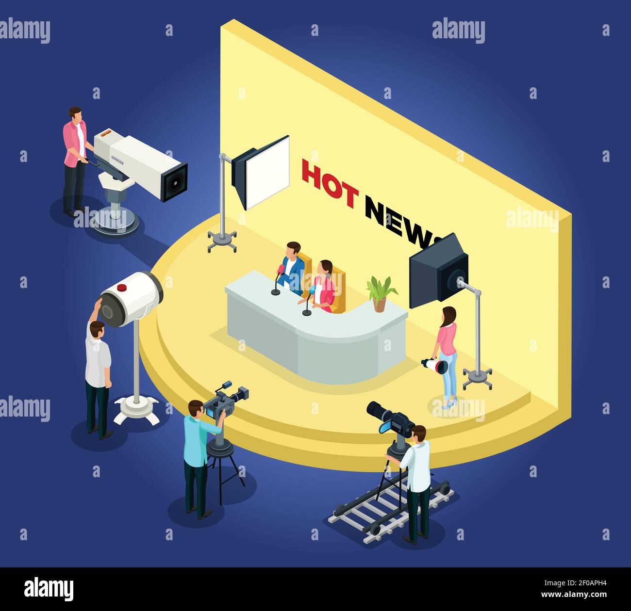 Isometric telecast videotaping concept with different workers shoot news using cameras and lightning equipment isolated vector illustration Stock Vector