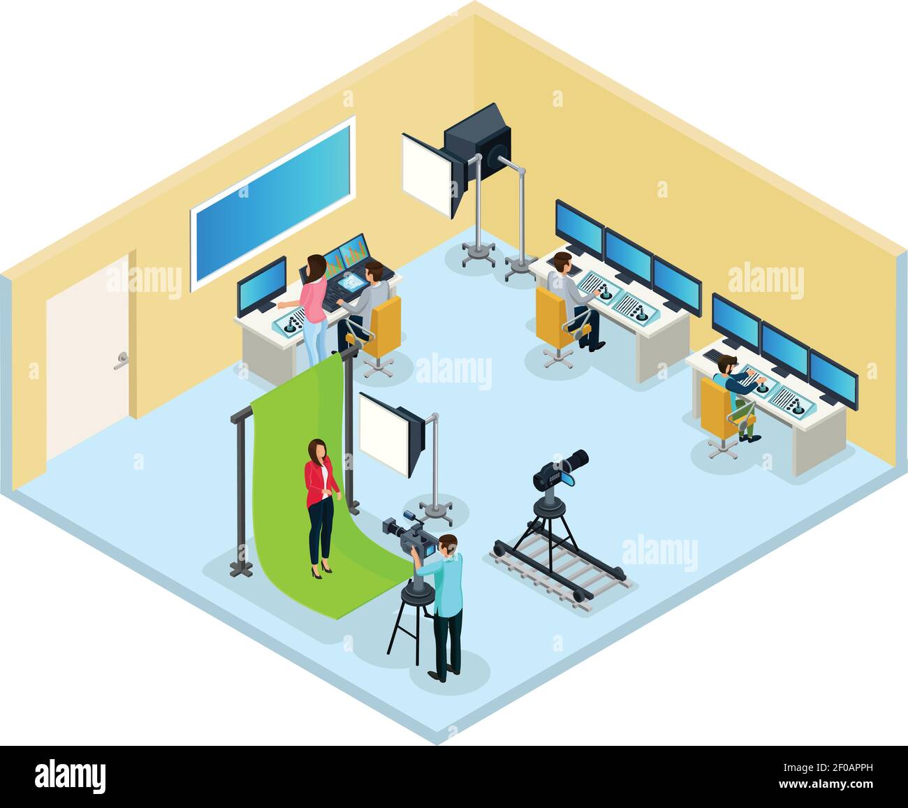 Isometric TV program making concept with operator reporter workers editing video and audio isolated vector illustration Stock Vector