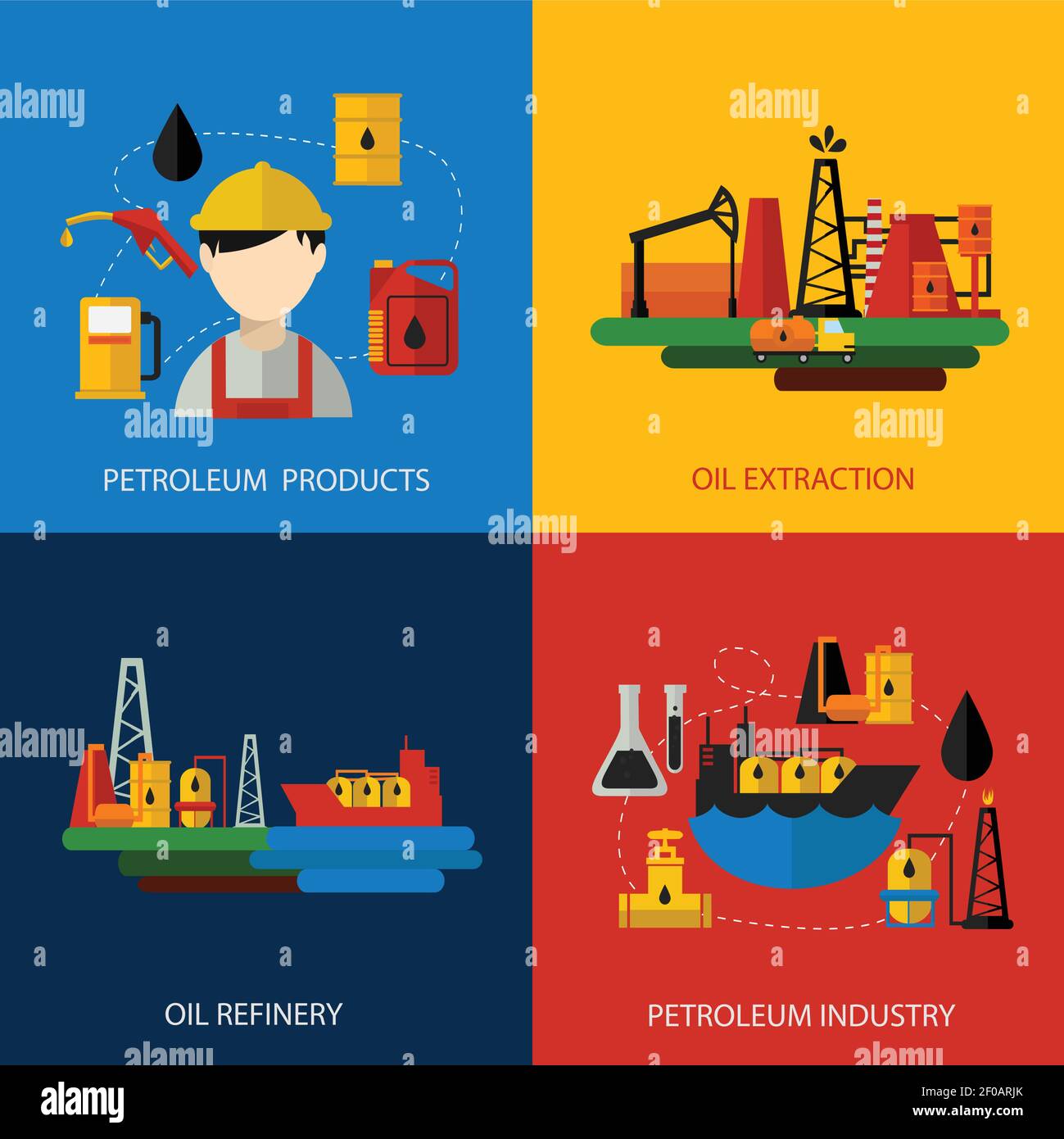 Four square oil industry colored flat set with description of petroleum products and industry