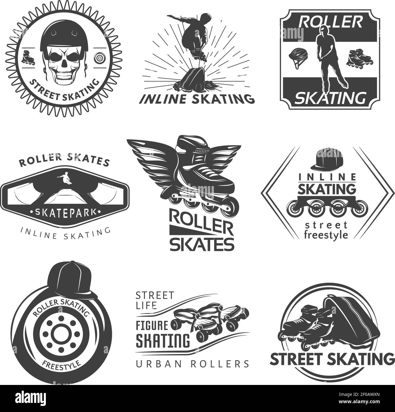 Roller skating black white labels with sportman helmet frame wheel cap skull rays wings isolated vector illustration Stock Vector