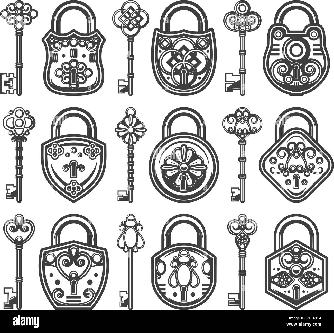 Vintage antique old locks set with different classic keys for each of ...