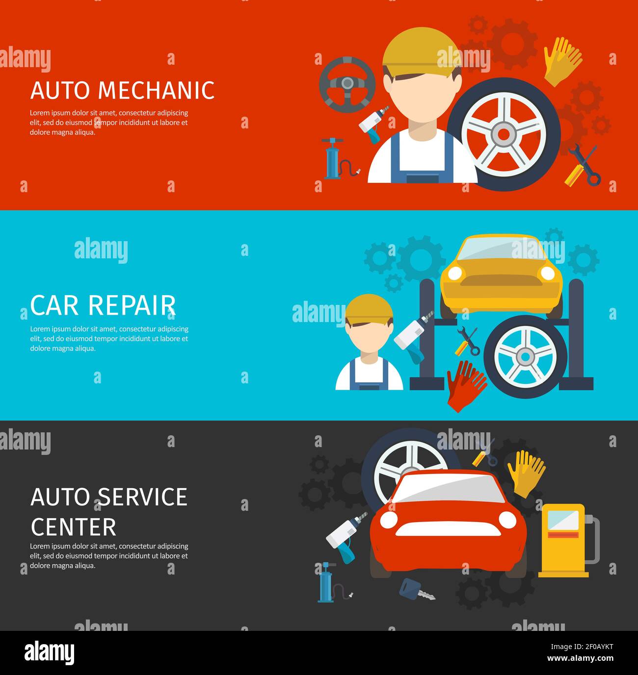 Auto mechanical service horizontal banners set with avatar of worker