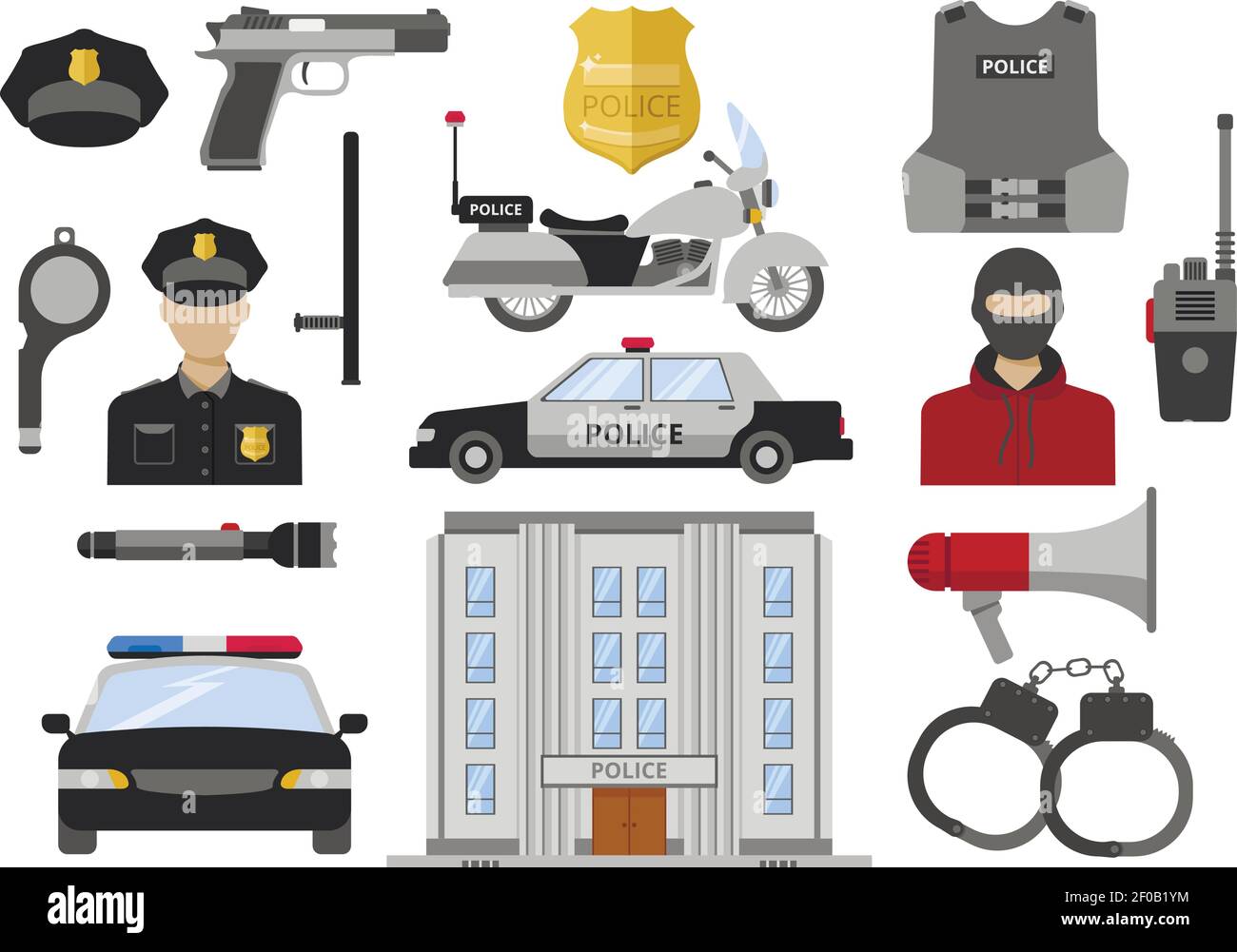 Police decorative flat icons set with building car motorcycle officer ...