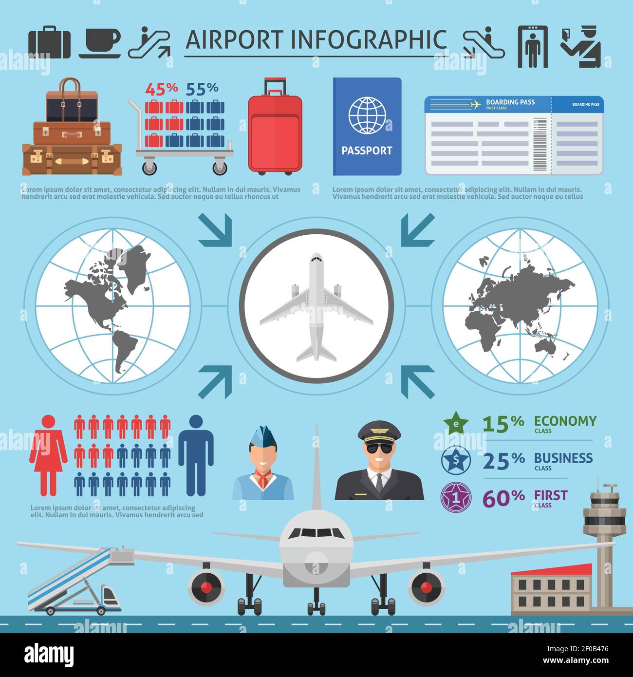Airport infographics template with airplane world map runway luggage