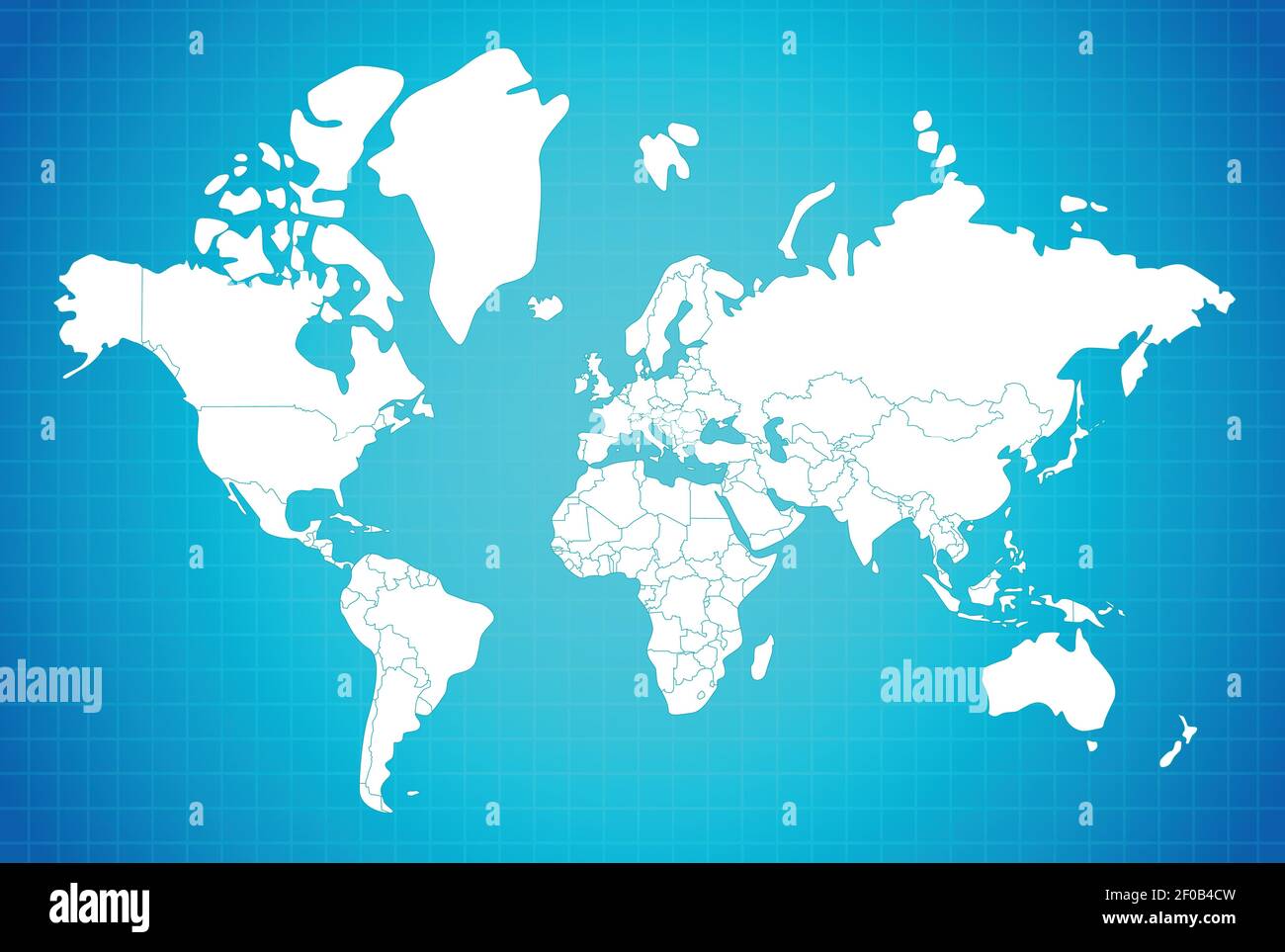 Earth map linear composition with country borders white on blue ...