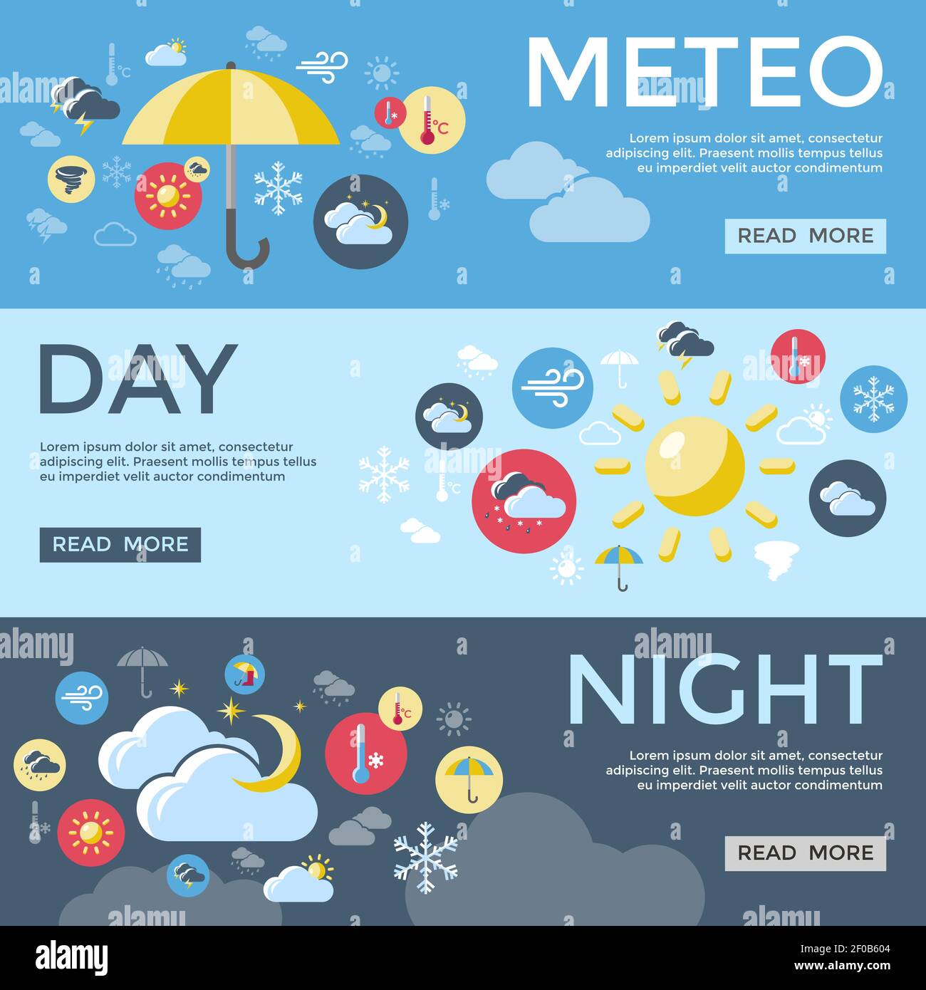 Three horizontal weather forecast banner set with meteo day night descriptions and read more buttons vector illustration Stock Vector