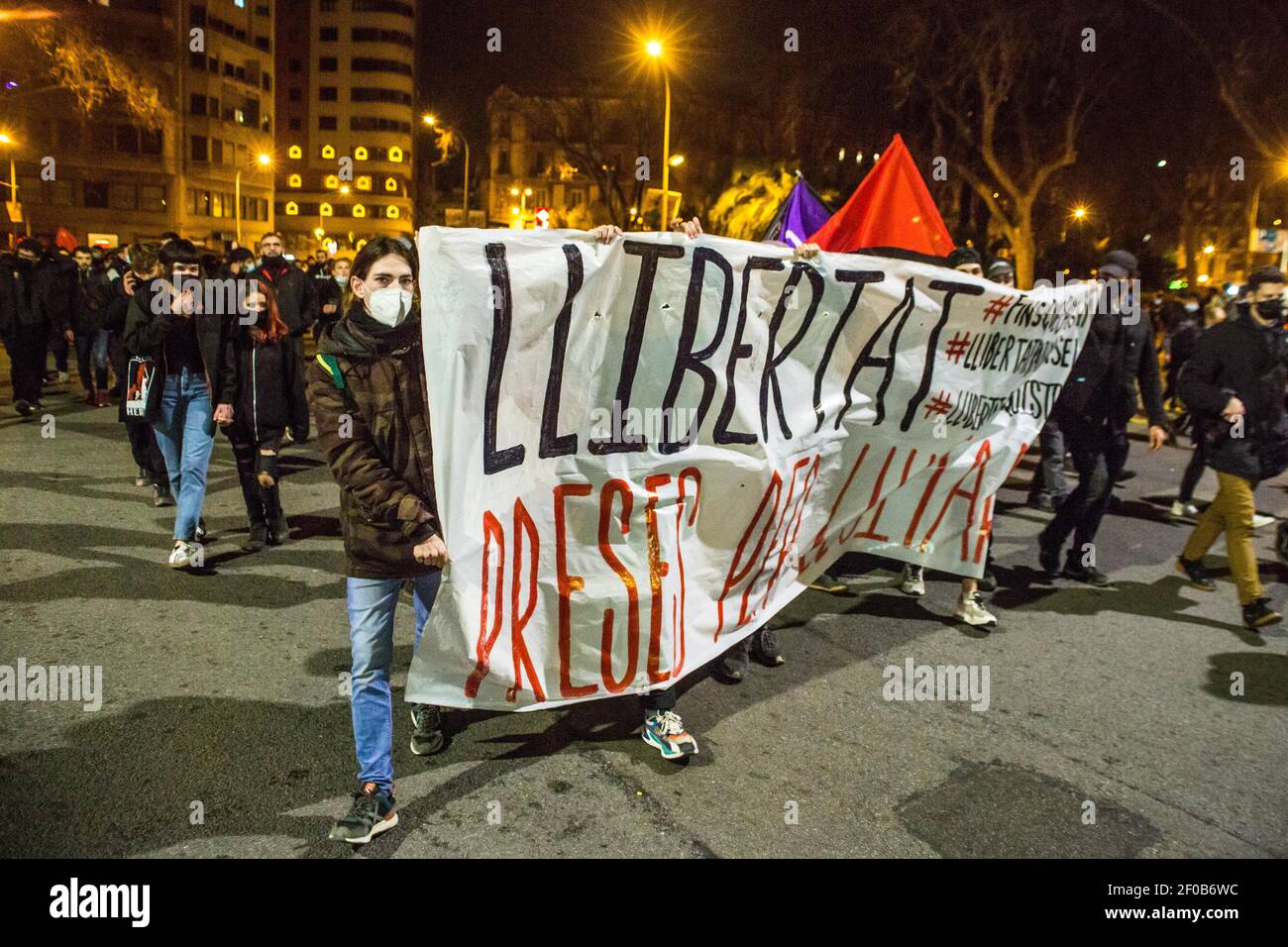 Protesters Are Seen With A Banner That Reads Freedom Imprisoned For Fighting After A Week Since The Last Demonstration In Barcelona For The Freedom Of The Rapper Pablo Hasel Accused Of Exalting