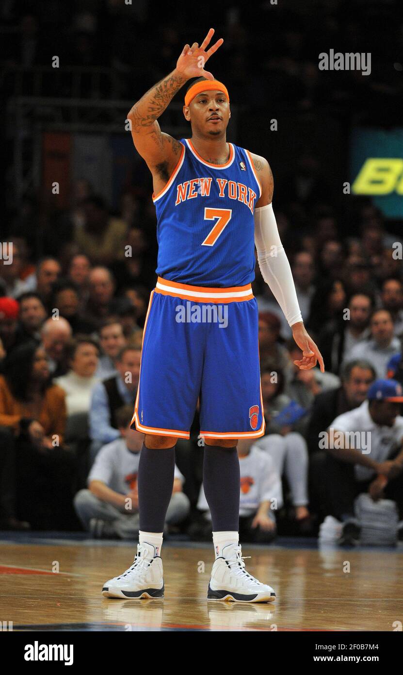 New York Knicks' newly-acquired Carmelo Anthony (7) reacts to the game  action during the first half against the Milwaukee Bucks at Madison Square  Garden in New York on Wedensday, February 23, 2011.