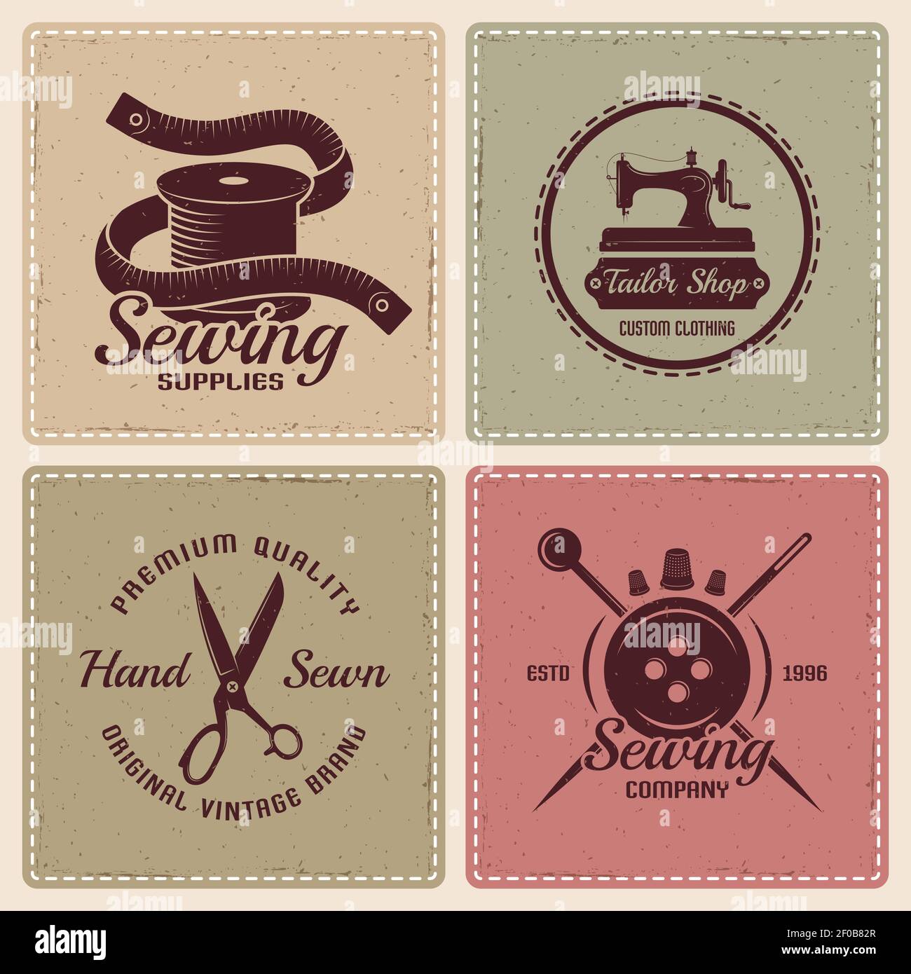 Four square colored tailor icon set with labels in different shapes on  sewing theme vector illustration Stock Vector Image & Art - Alamy