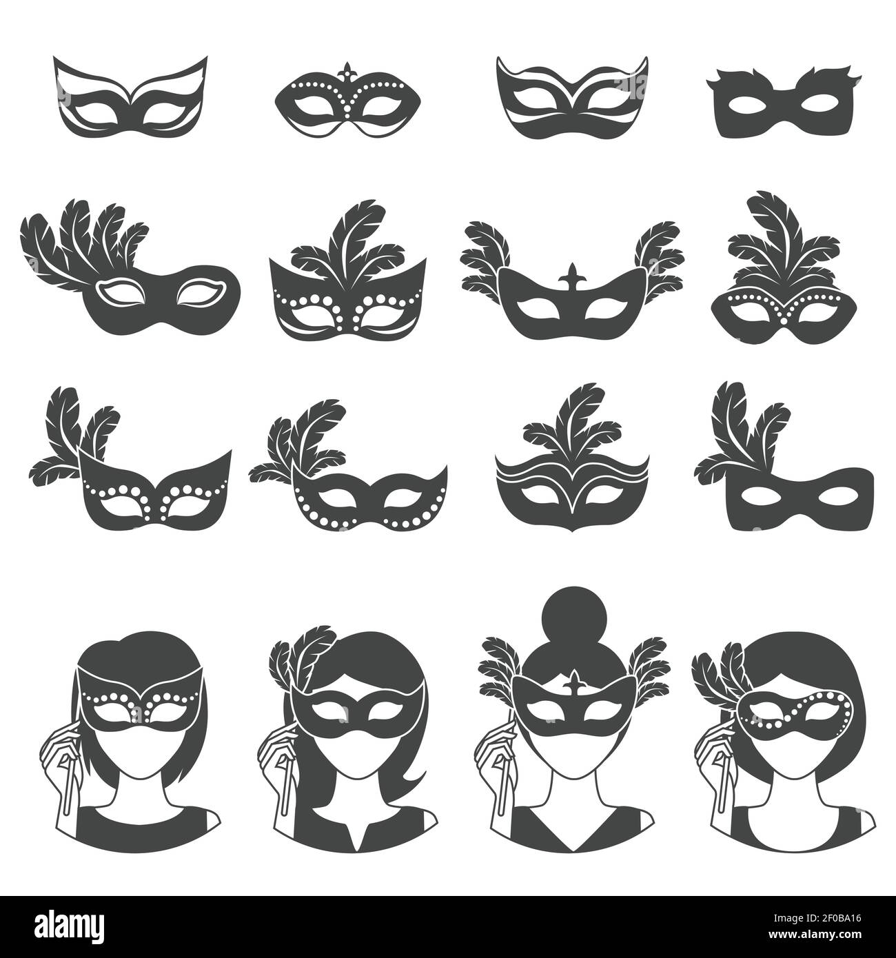Ball carnival monochrome icons with masks of different shape feathers female faces and hairstyles isolated vector illustration Stock Vector