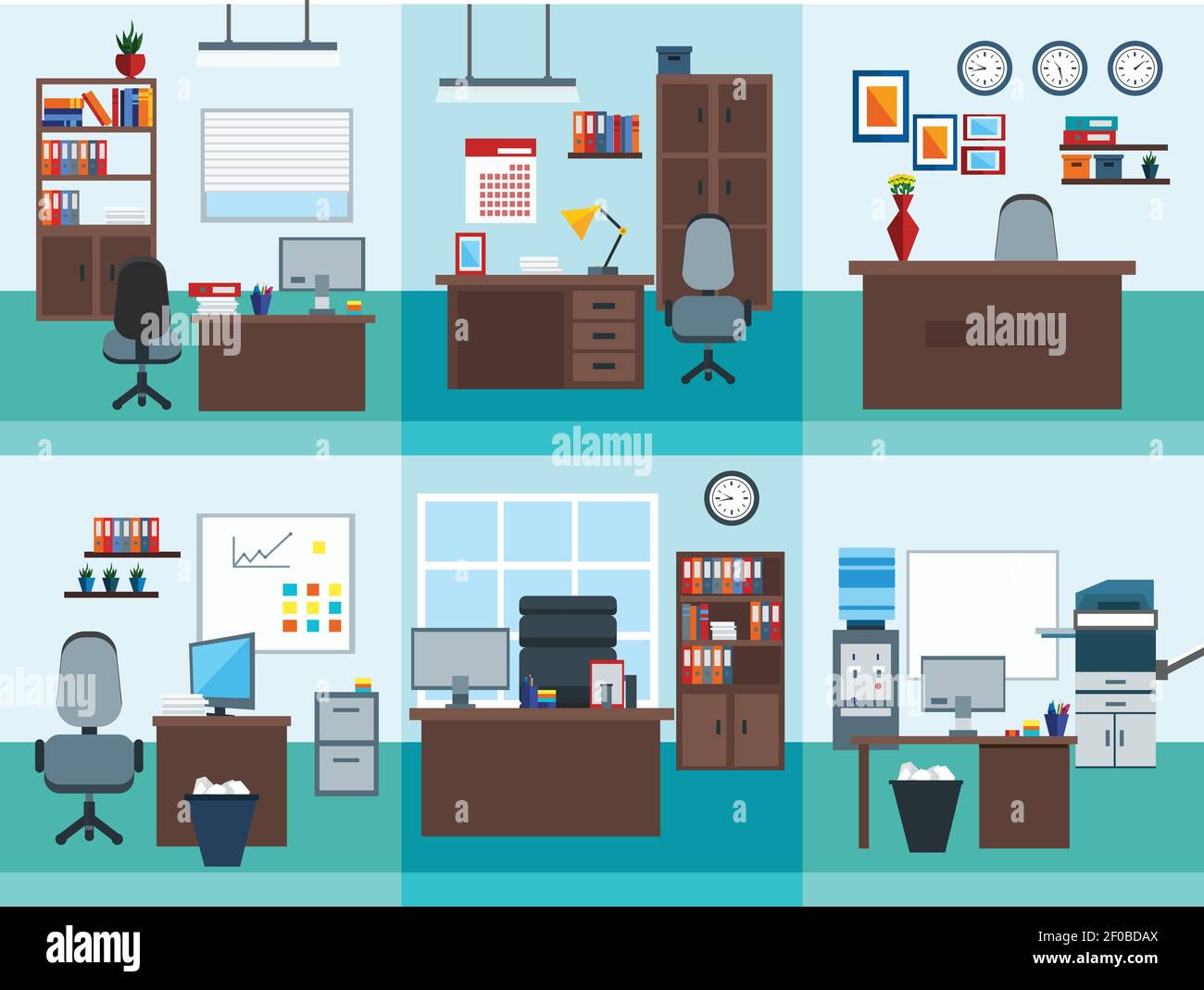 Square isolated office interior icon set different types of offices and