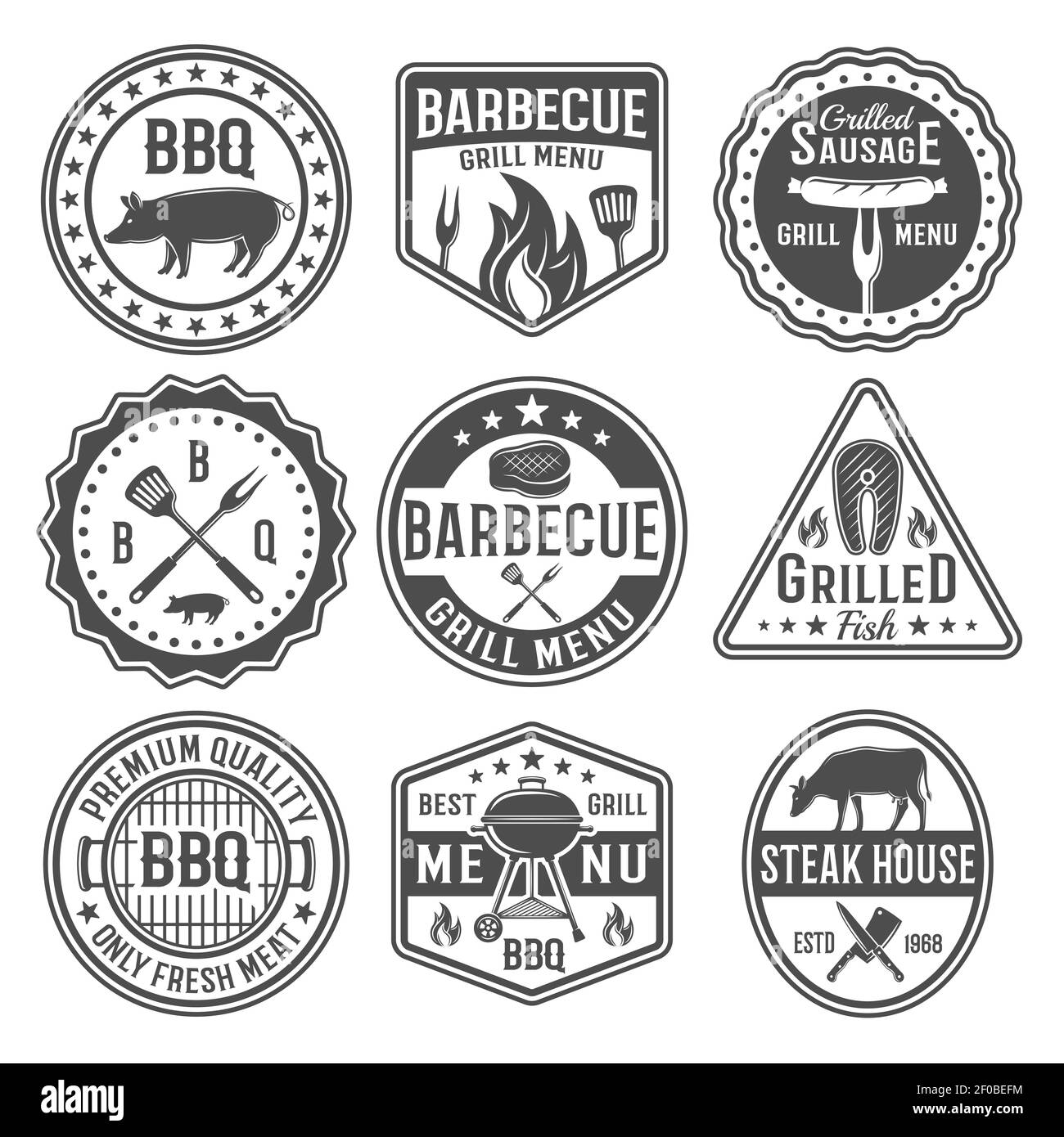 Barbecue black white emblems with sausage on fork roasted meat grilled fish knives spatula isolated vector illustration Stock Vector