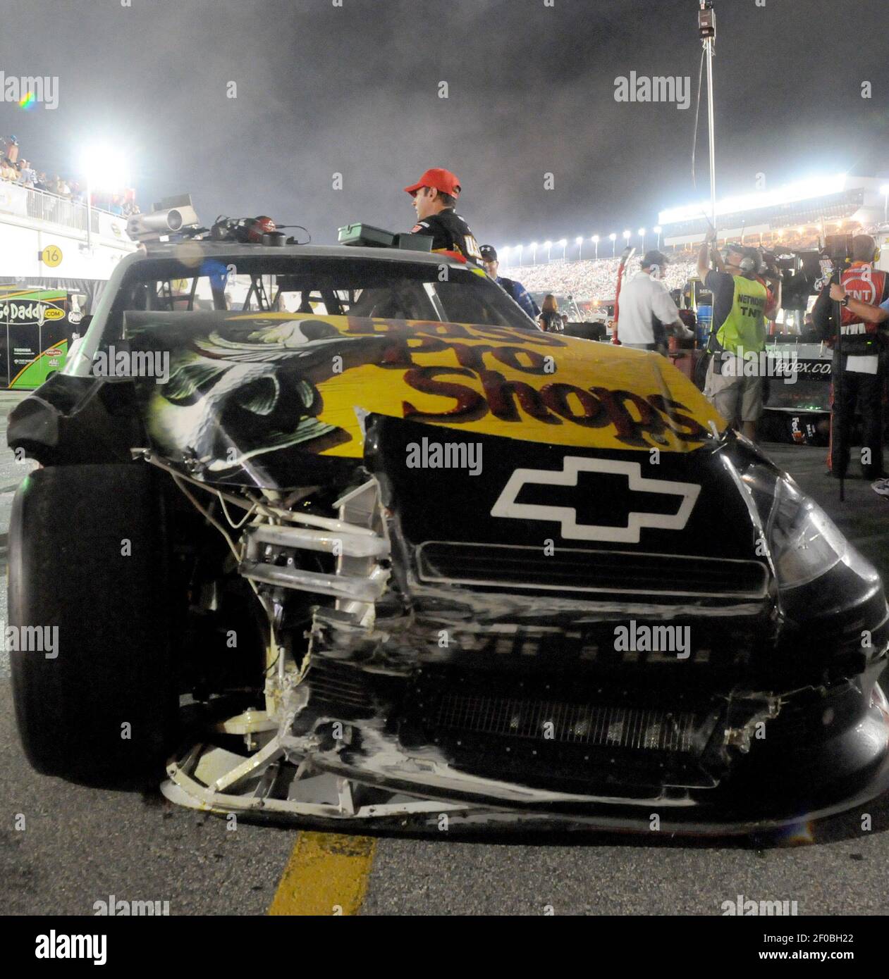 Denny Hamlin's car was worse for wear after the Coke Zero 400 on Saturday,  July 2, 2011, at the Daytona International Speedway in Daytona, Florida.  Hamlin, involved in a crash at the