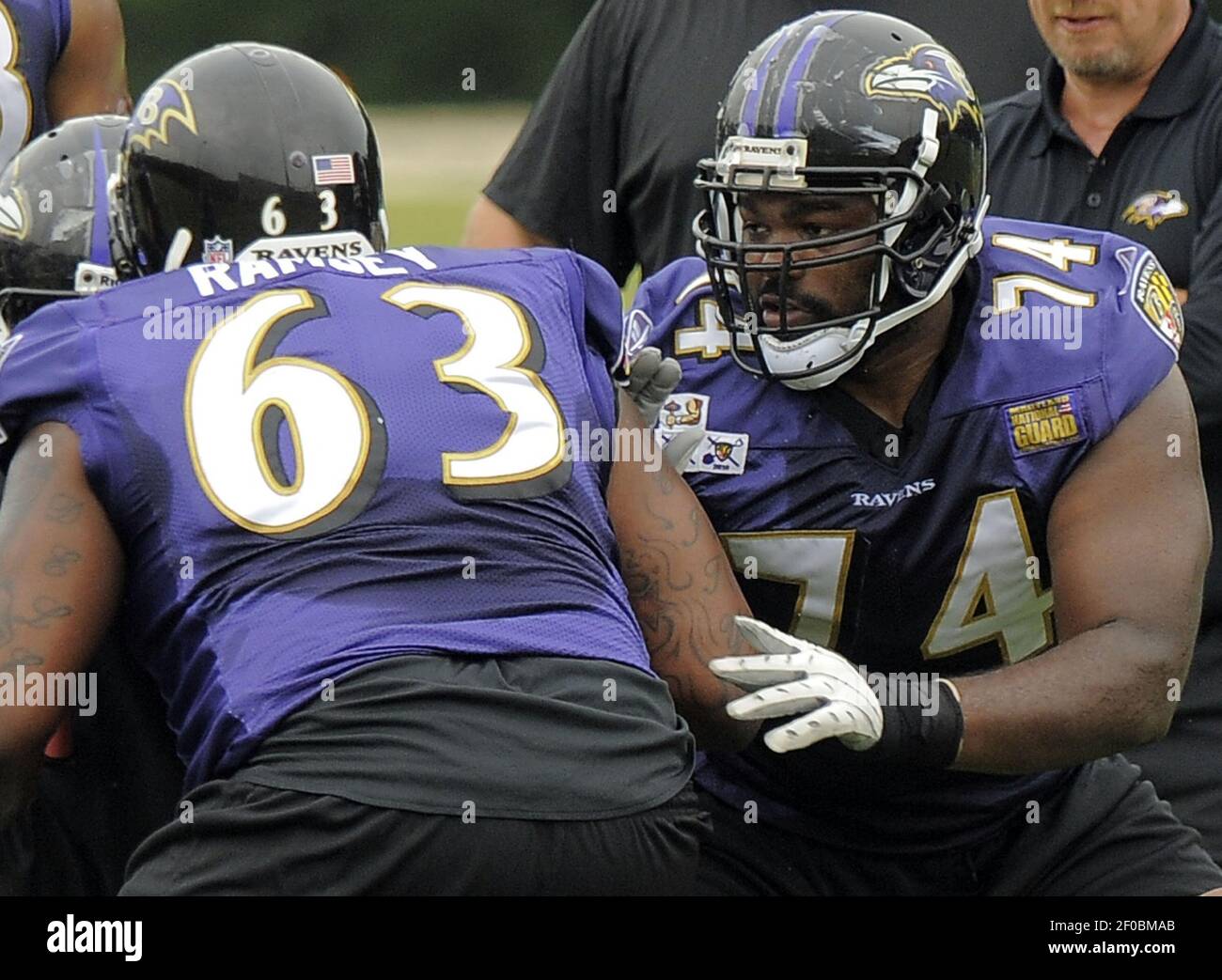 Baltimore Ravens tackle Michael Oher (74) practices during training camp at  the team's practice facility in Owings Mills, Maryland, on Wednesday,  August 3, 2011. (Photo by Karl Merton Ferron/Baltimore Sun/MCT/Sipa USA  Stock