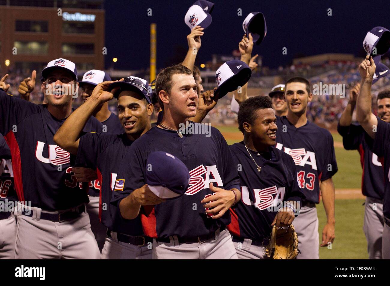 The Usa Baseball S Collegiate National Team Celebrates Their 4 3 Win Over Japan S College All Stars In Game 2 Of A Doubleheader At The Usa Baseball National Training Complex In Cary North Carolina On The Usa Baseball S Collegiate National Team Celebrates Their 4 3 Win Over Japan S College All Stars In Game 2 Of A Doubleheader At The Usa Baseball National Training Complex In Cary North Carolina On
