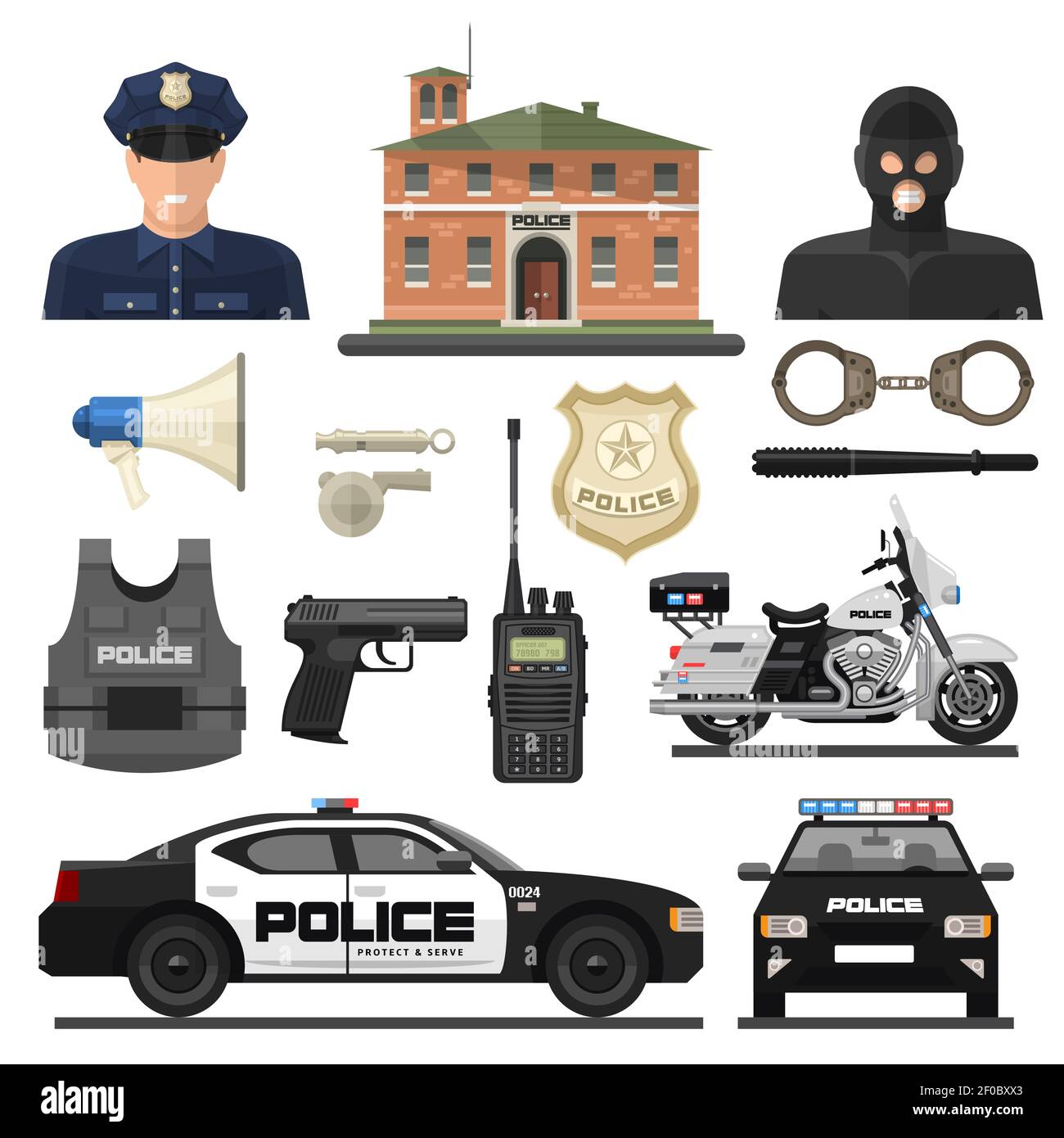 Flat isolated and colored police icon set with law enforcement officers and their means of transportation vector illustration Stock Vector