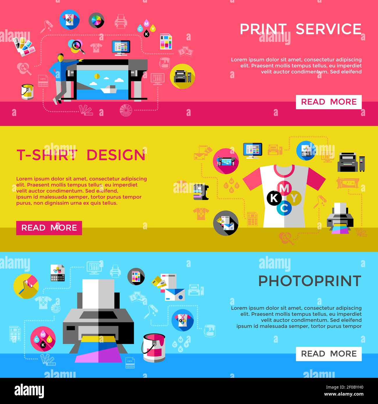 CMYK banner set with headlines print service t shirt design an