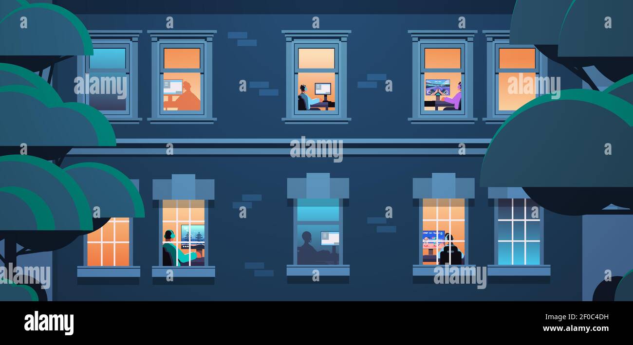exterior of building with mix race neighbors virtual gamers playing