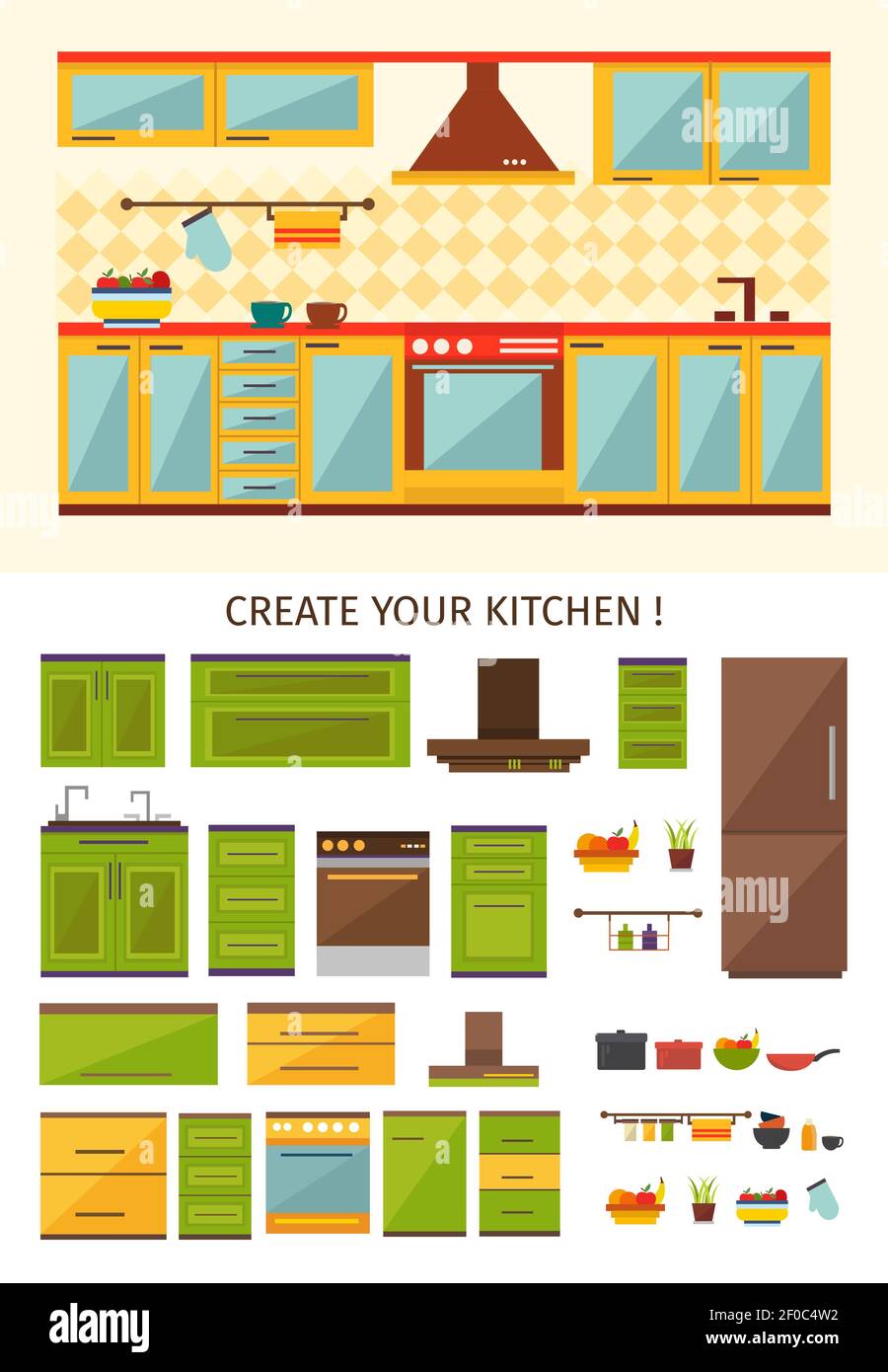 Interior kitchen creation with design of room for cooking set of ...