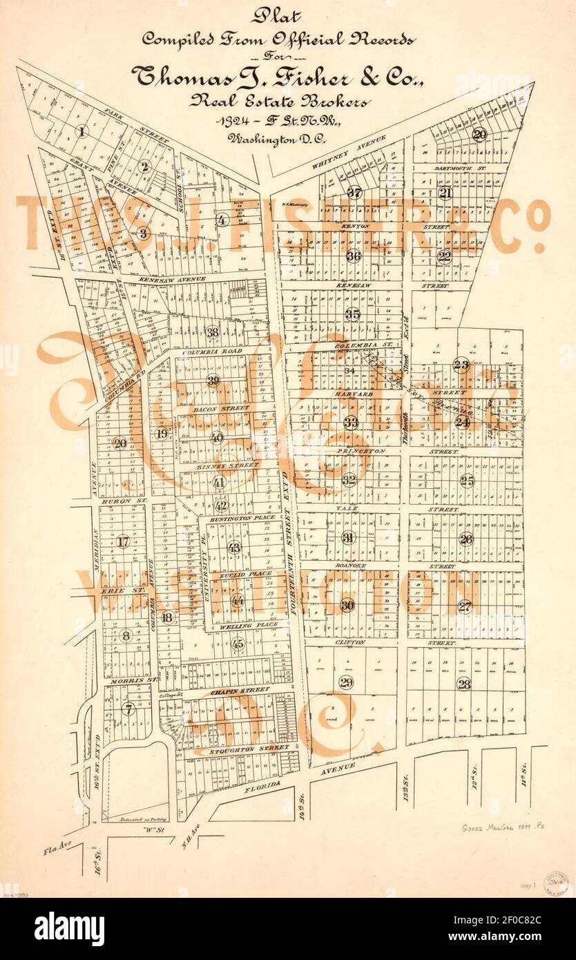 Plat compiled from official records for Thomas J. Fisher & Co., real estate brokers - 1324-F St. N.W., Washington D.C. - (parts of Mount Pleasant, Meridian Hill, and Columbia Heights, Washington Stock Photo