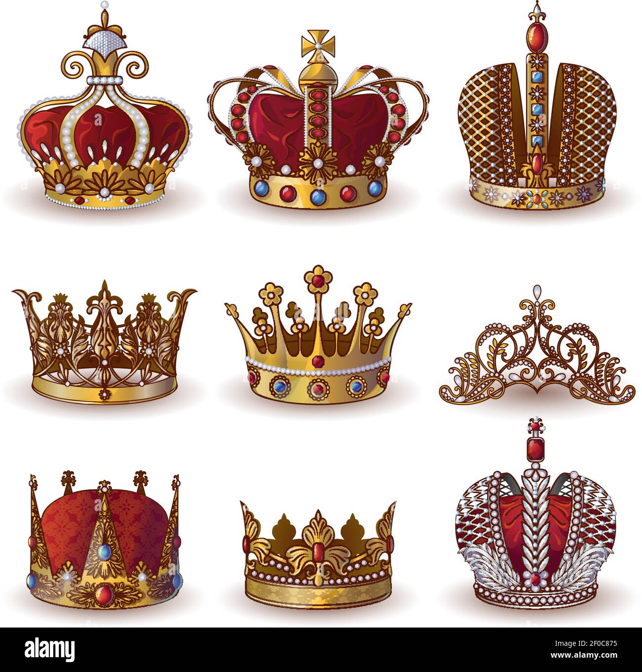 Royal crowns collection of gold and silver jewelry of different types ...