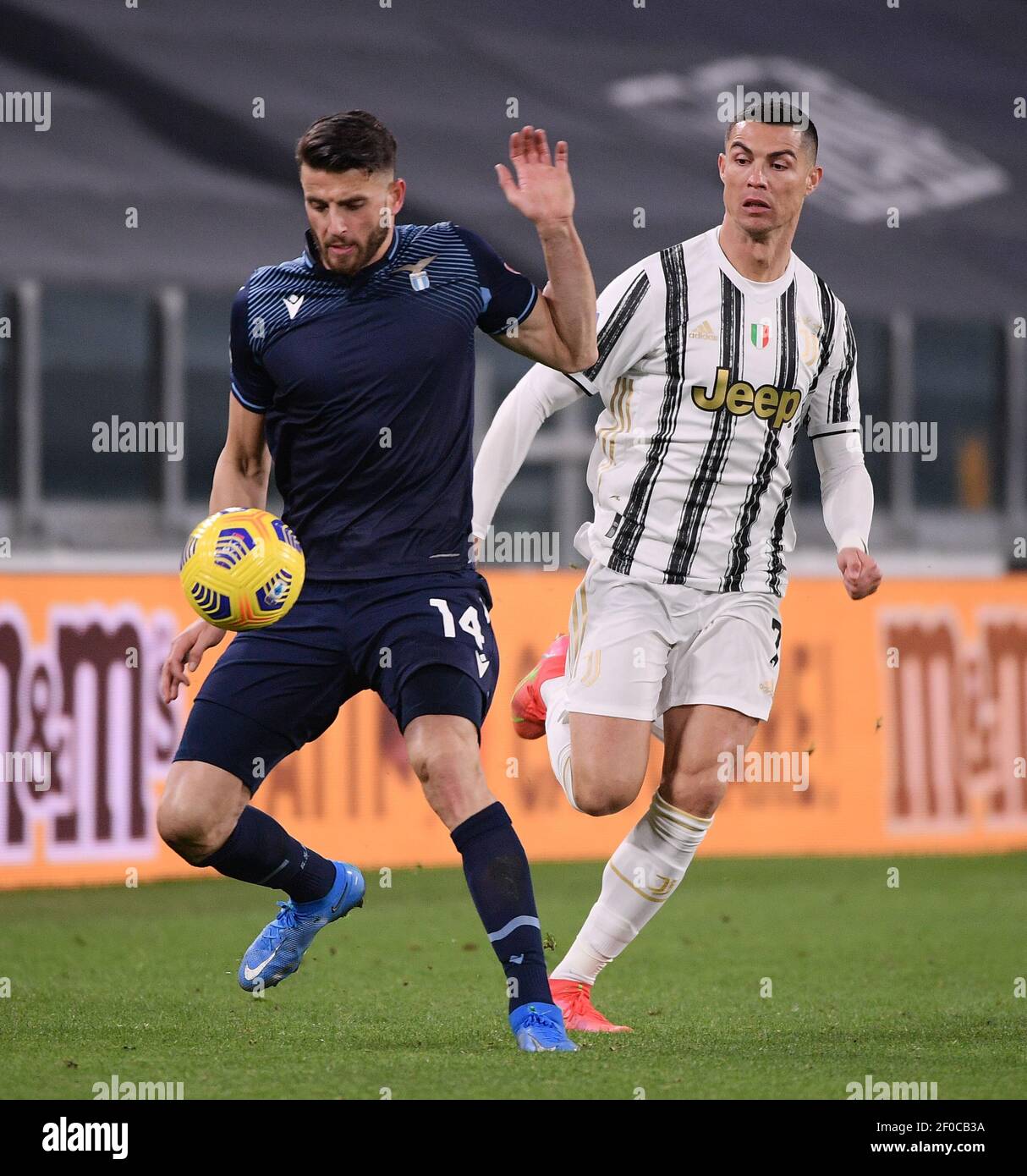 Turin, Italy. 6th Mar, 2021. Cristiano Ronaldo (R) of Juventus vies with  Wesley Hoedt of Lazio during a serie A football match between FC Juventus  and Lazio in Turin, Italy, March 6,