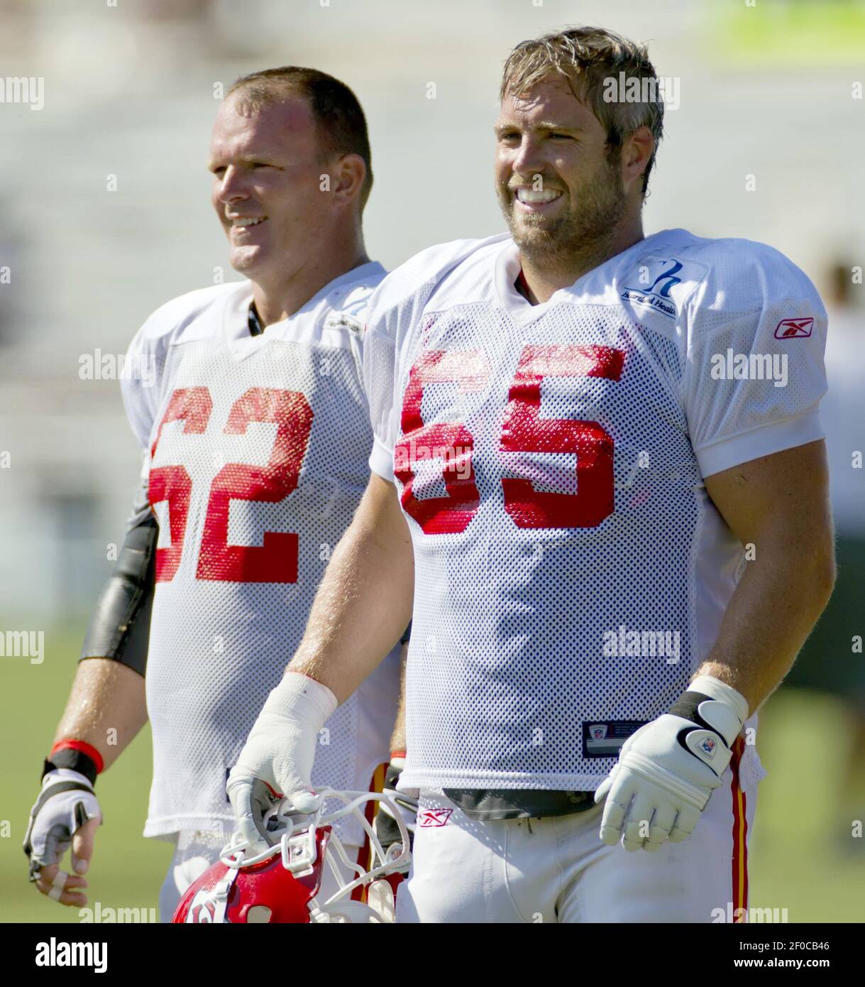 Kansas City Chiefs center Casey Wiegmann, left, and guard Ryan Lilja,  right, wait their turn at drills during practice on Tuesday morning, August  9, 2011 in St. Joseph, Missouri. (Photo by David