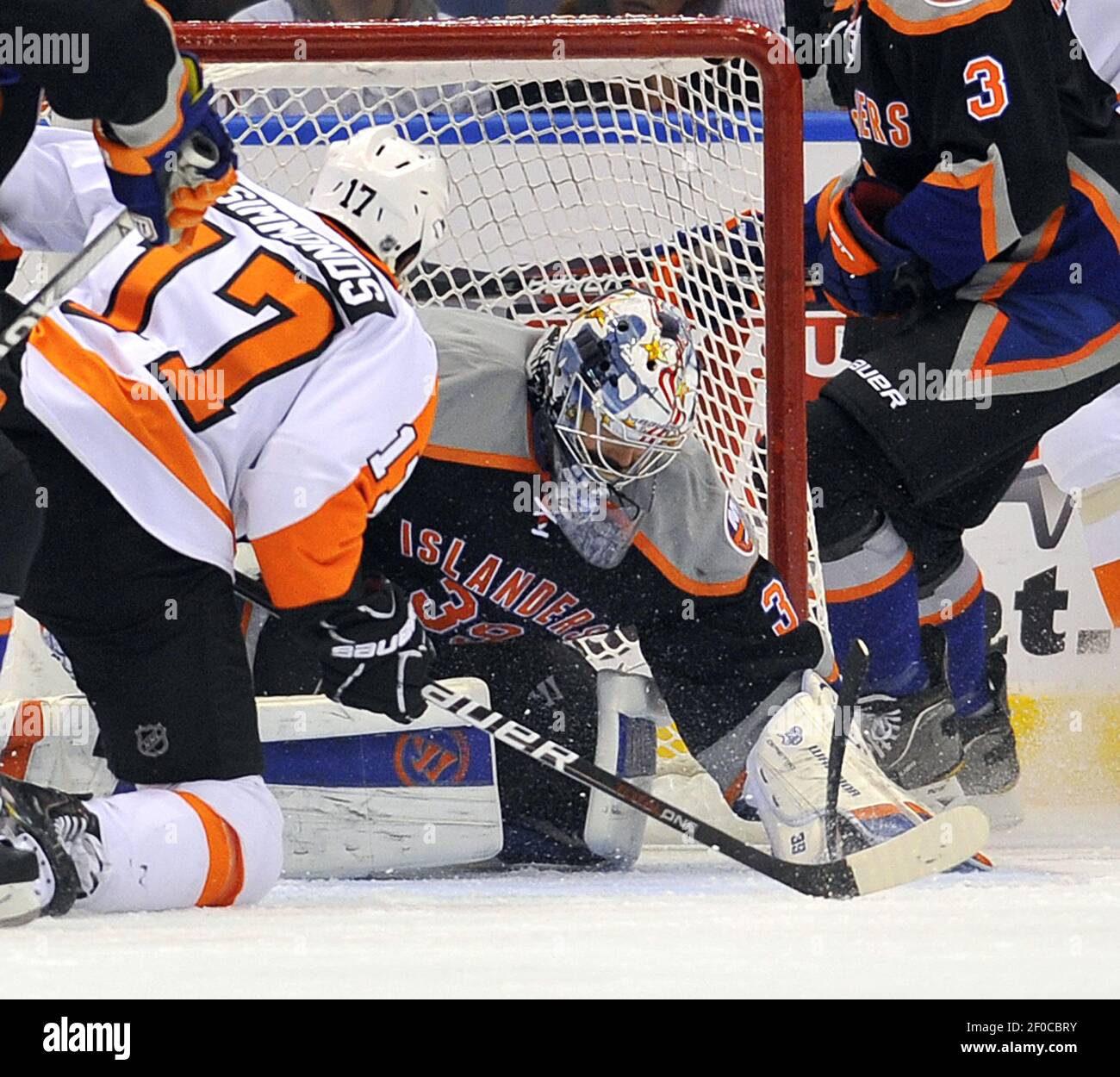 November 3, 2011: Philadelphia Flyers goalie Sergei Bobrovsky (35) flat on  his back after giving up the third goal to New Jersey Devils right wing  David Clarkson (23) during the NHL game