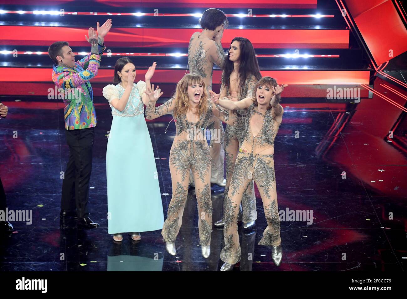 Sanremo 71st Italian Song Festival The Winners Of The Festival The Maneskin With Fedez And Francesca Michielin Stock Photo Alamy