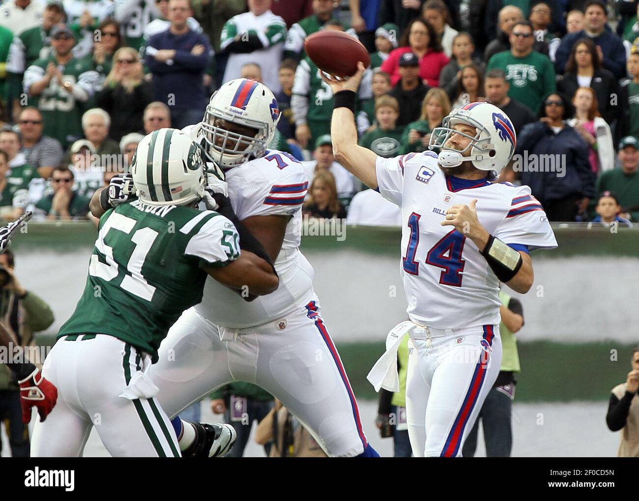 Ryan Fitzpatrick of the Buffalo Bills throws a pass against the New York  Jets at MetLife Stadium on Sunday, November 27 2011, in East Rutherford,  New Jersey. (Photo by Jim McIsaac/Newsday/MCT/Sipa USA