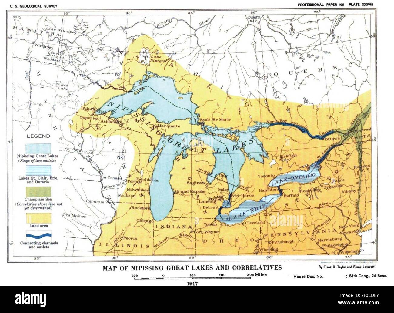 Plate 27 - Glacial Lake Nipissing and its Correlatives (USGS 1915) or 1917 Nipissing Great Lakes & correletives. Stock Photo