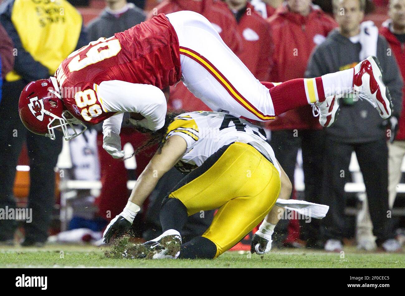 Kansas City Chiefs tackle Steve Maneri (68) is upended by Pittsburgh  Steelers strong safety Troy Polamalu (43) in the first quarter during  Sunday's football game on November 27, 2011 at Arrowhead Stadium
